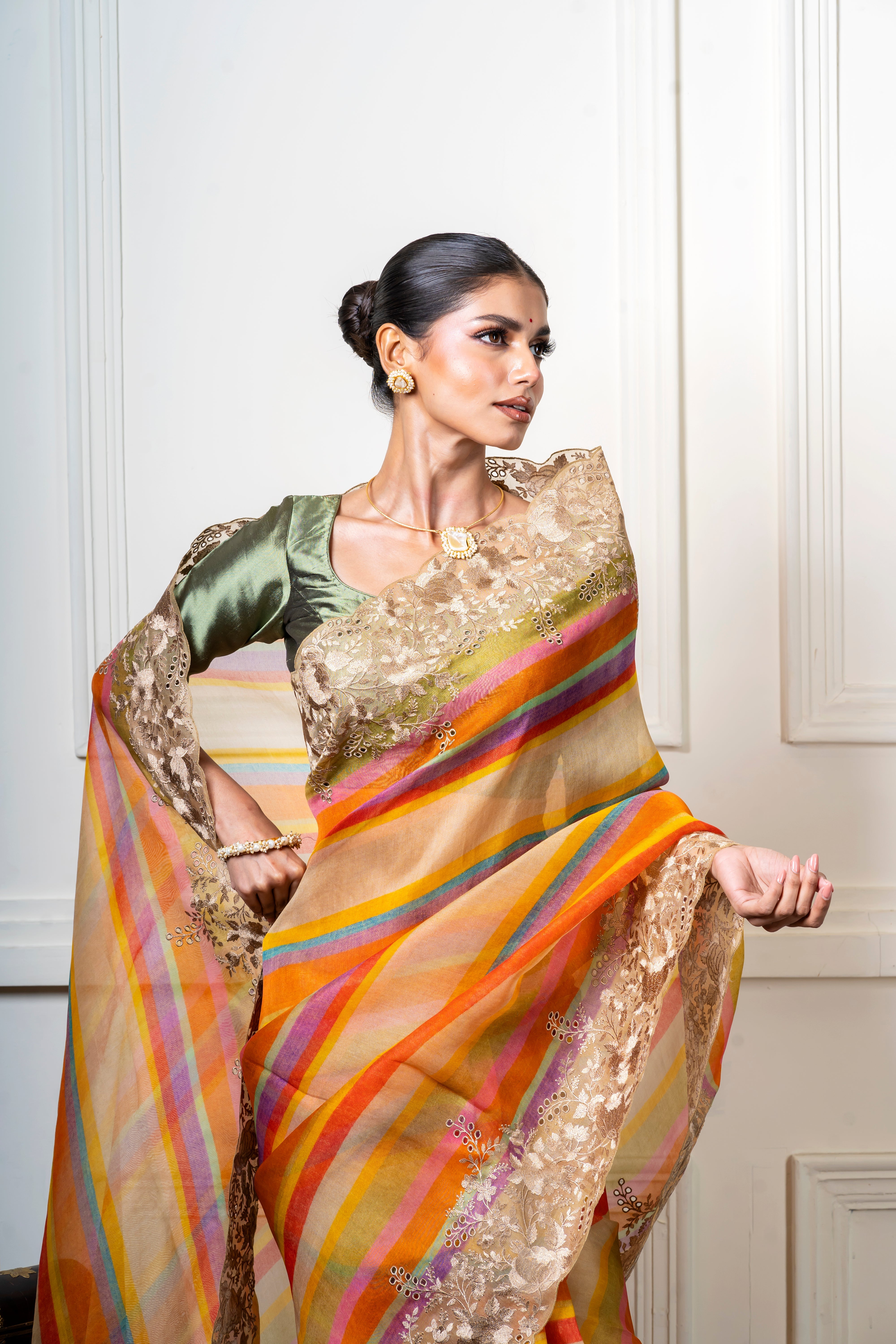 Multicolor Organza Saree with Stripes and Lace Border Mokshaa