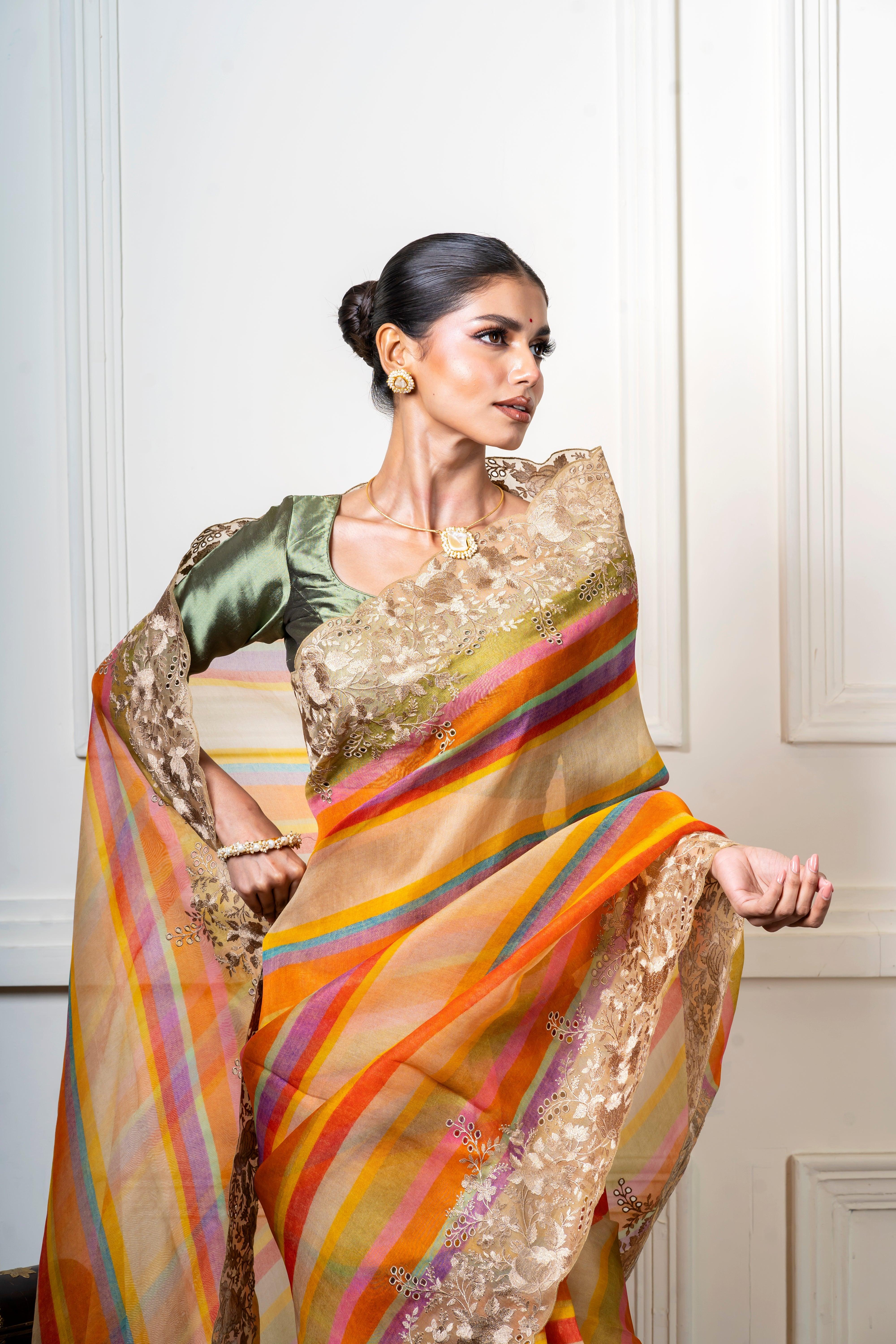 Multicolor Organza Saree with Stripes and Lace Border Mokshaa