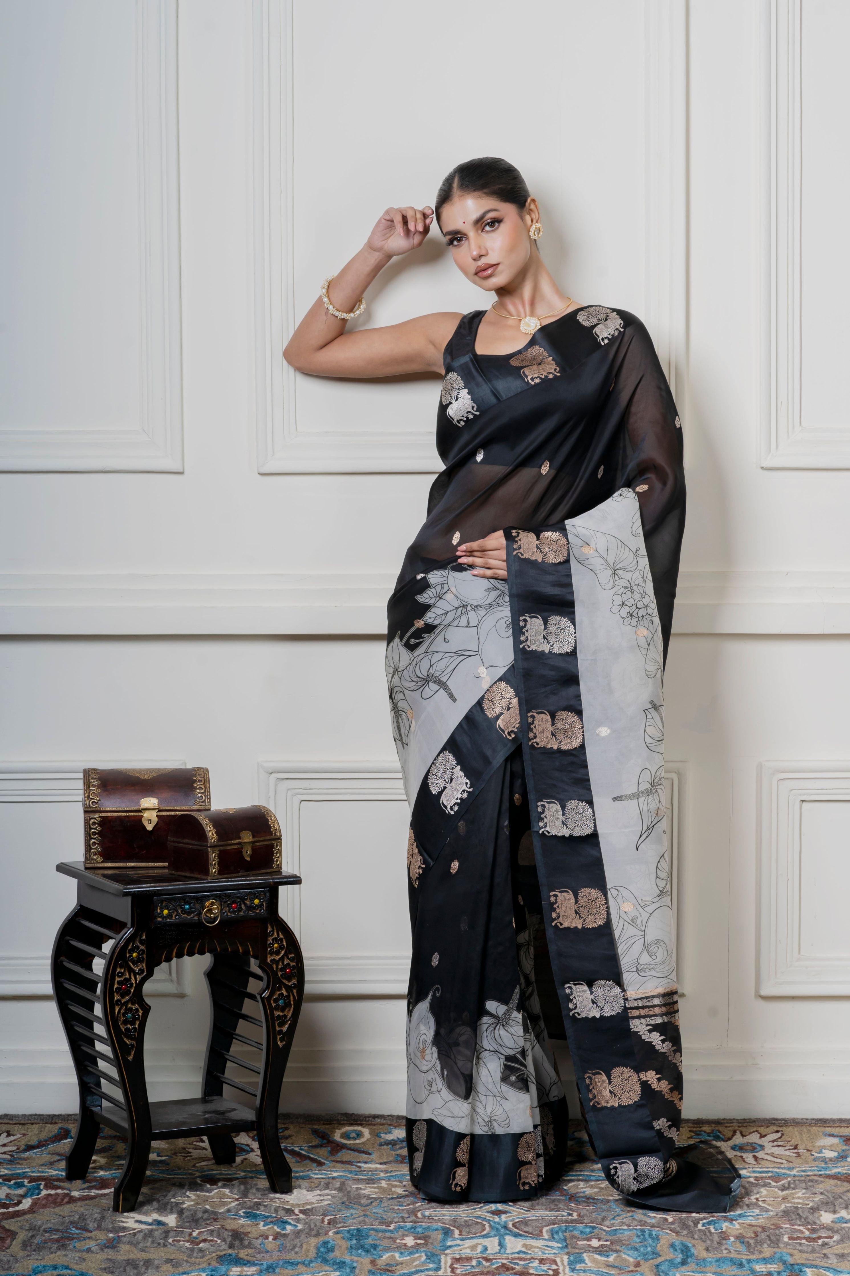 Black Organza Saree with Digital Floral Print and Zari Border  Mokshaa