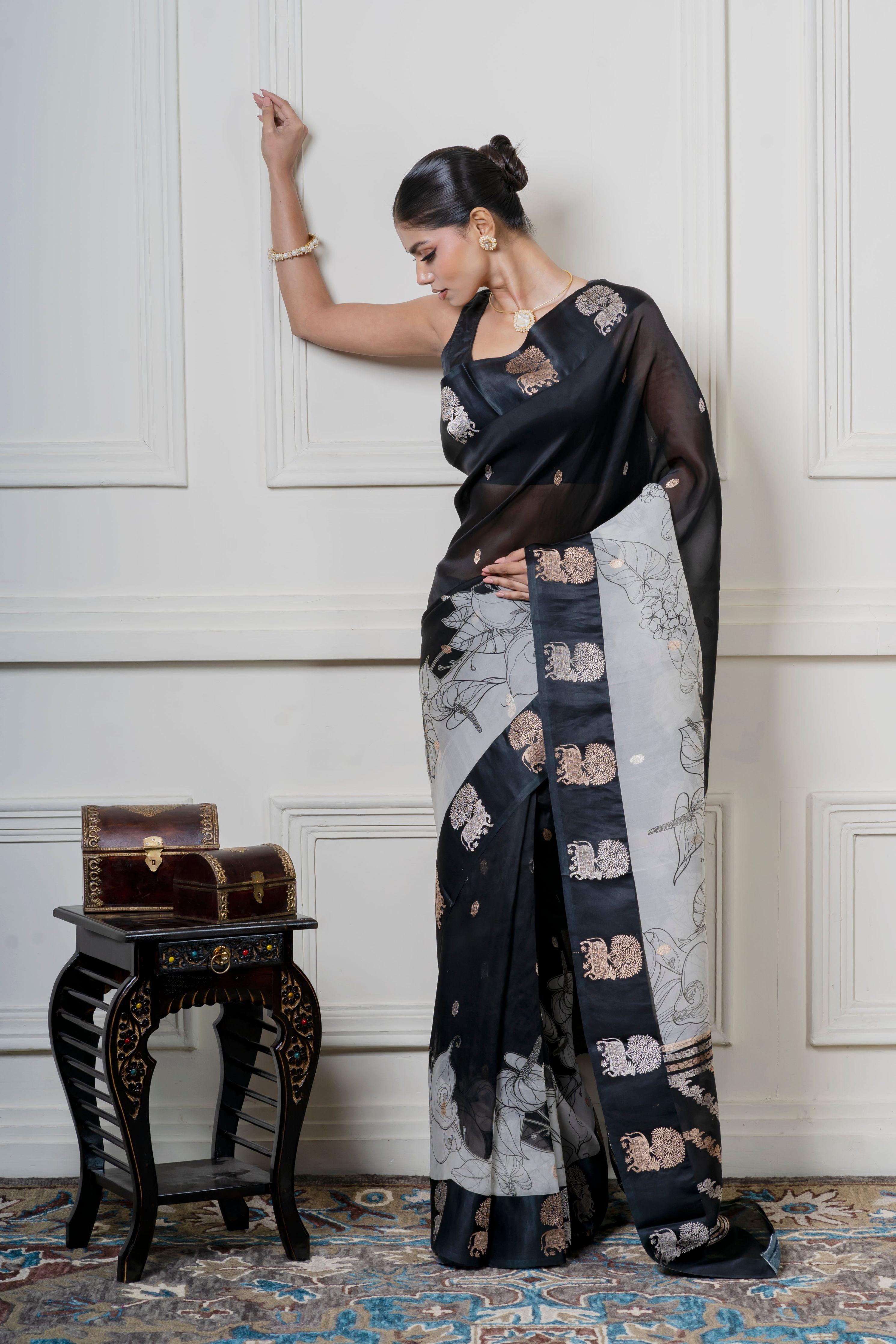 Black Organza Saree with Digital Floral Print and Zari Border Mokshaa