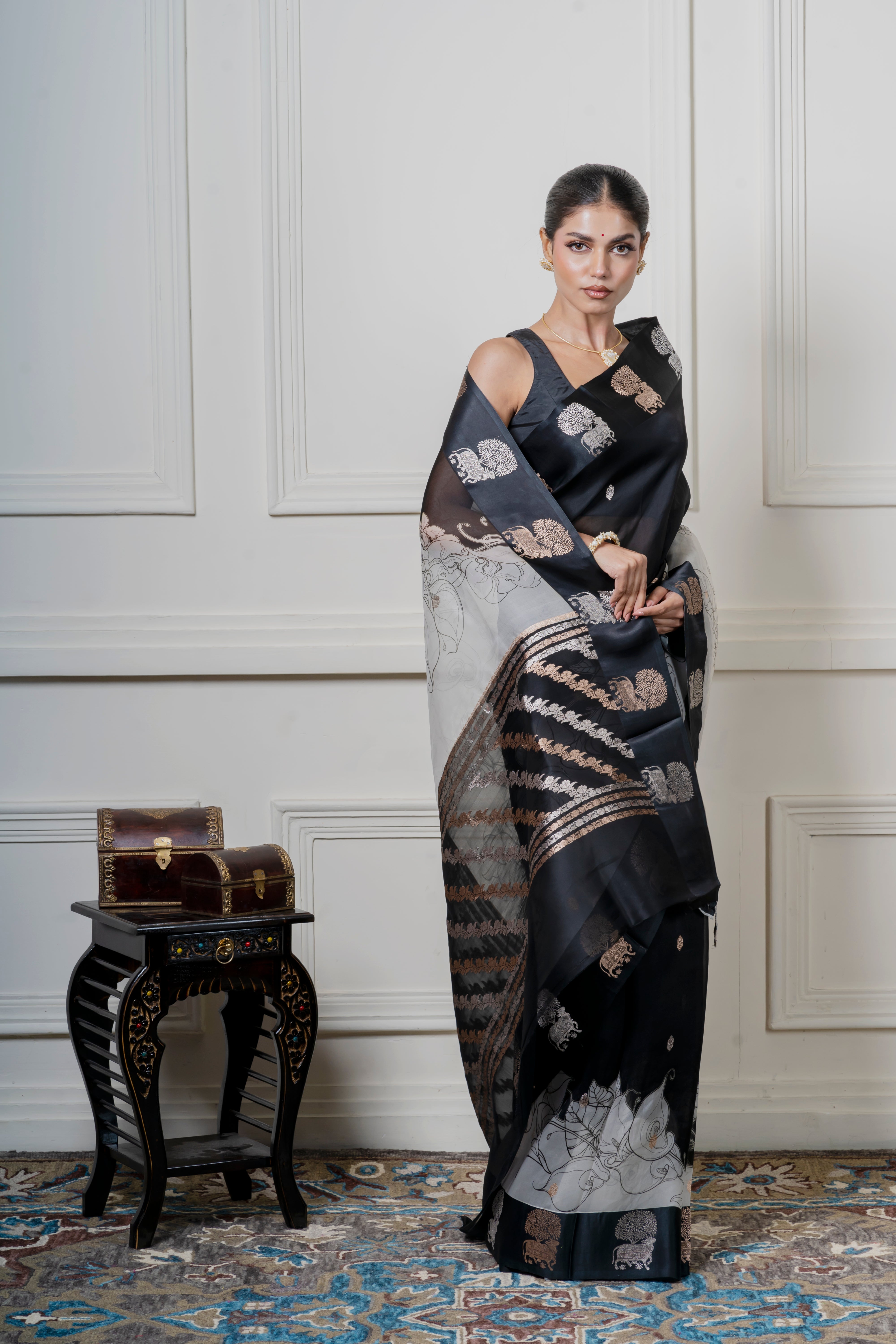 Black Organza Saree with Digital Floral Print and Zari Border Mokshaa