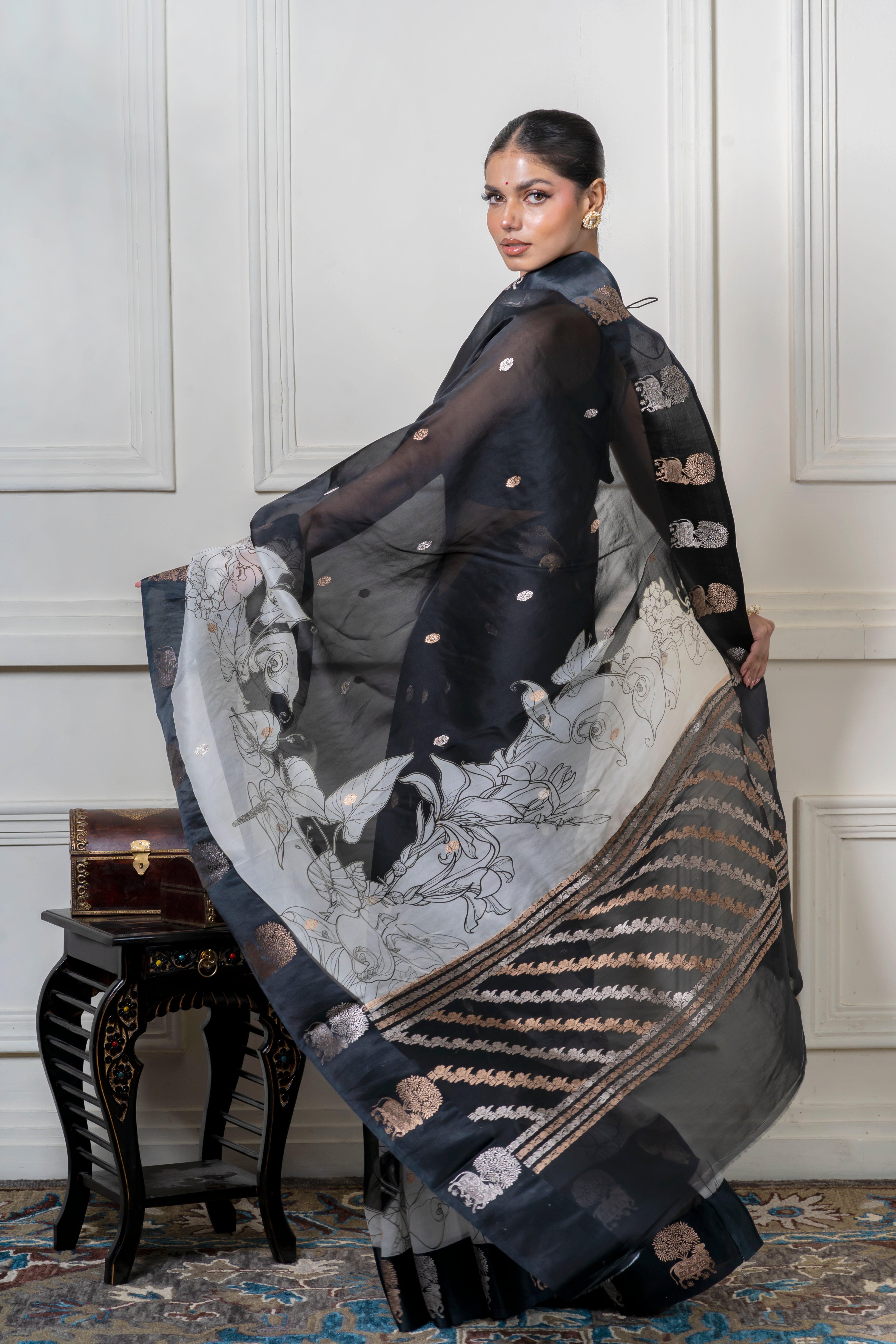 Black Organza Saree with Digital Floral Print and Zari Border Mokshaa