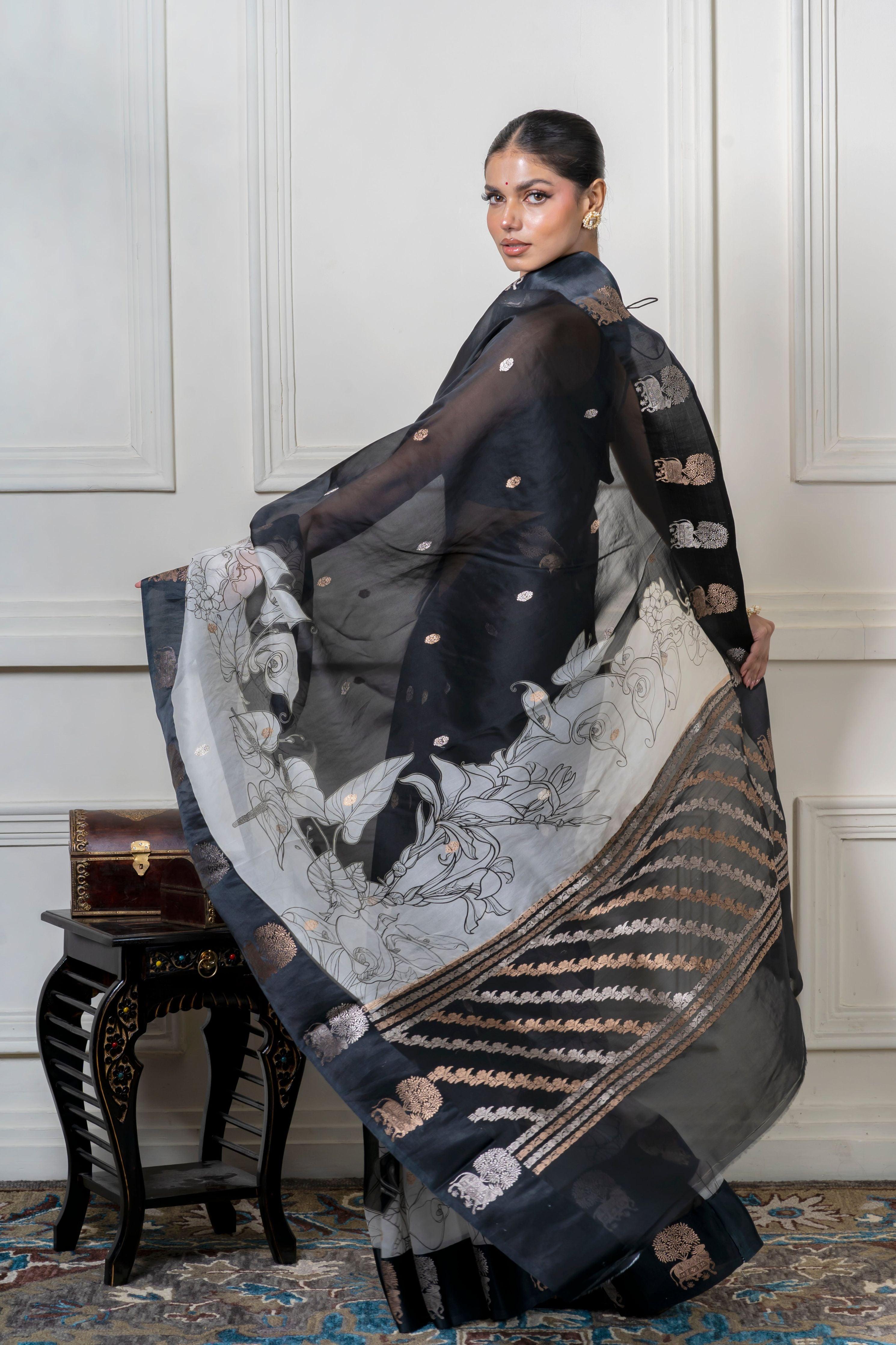Black Organza Saree with Digital Floral Print and Zari Border Mokshaa
