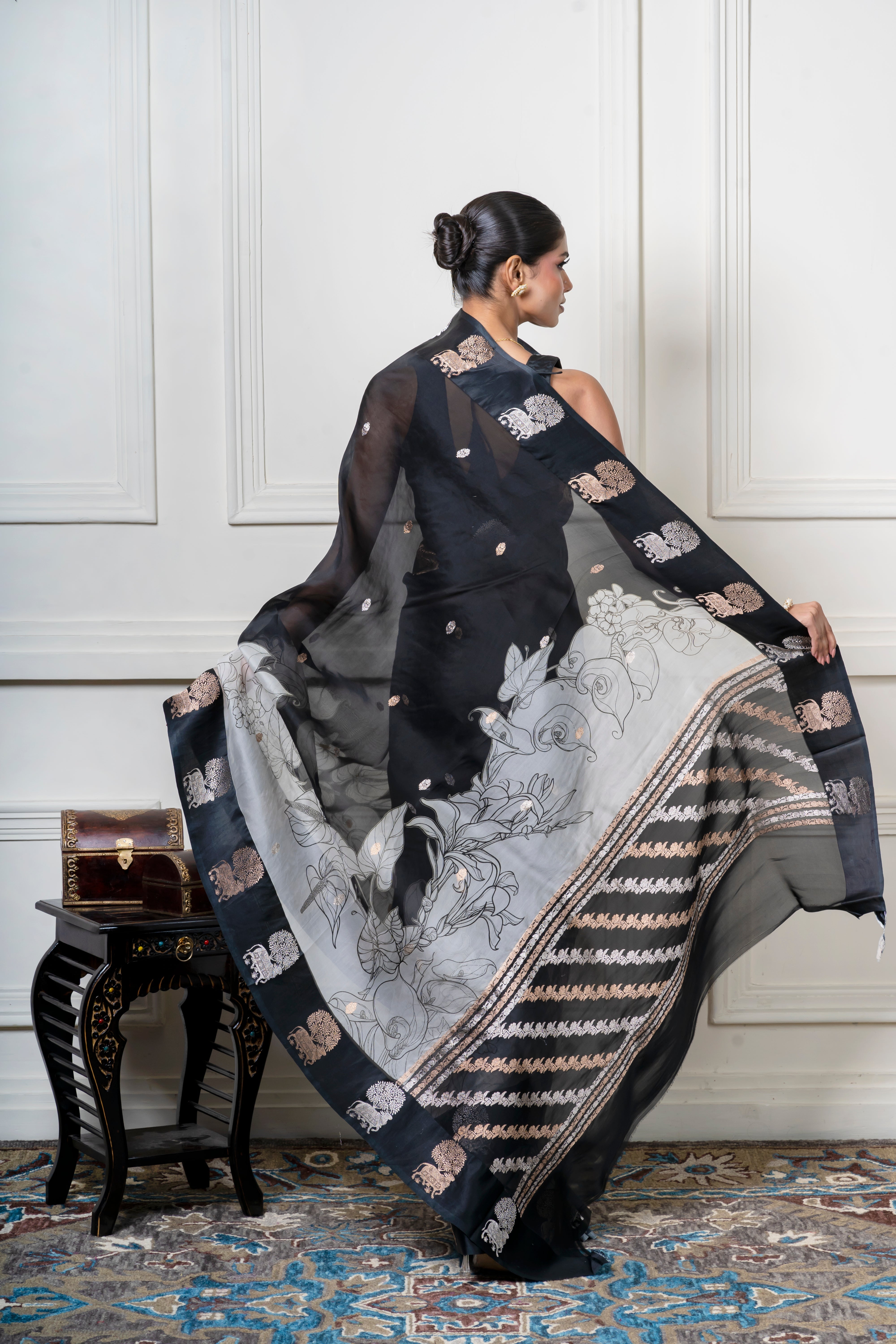 Black Organza Saree with Digital Floral Print and Zari Border Mokshaa