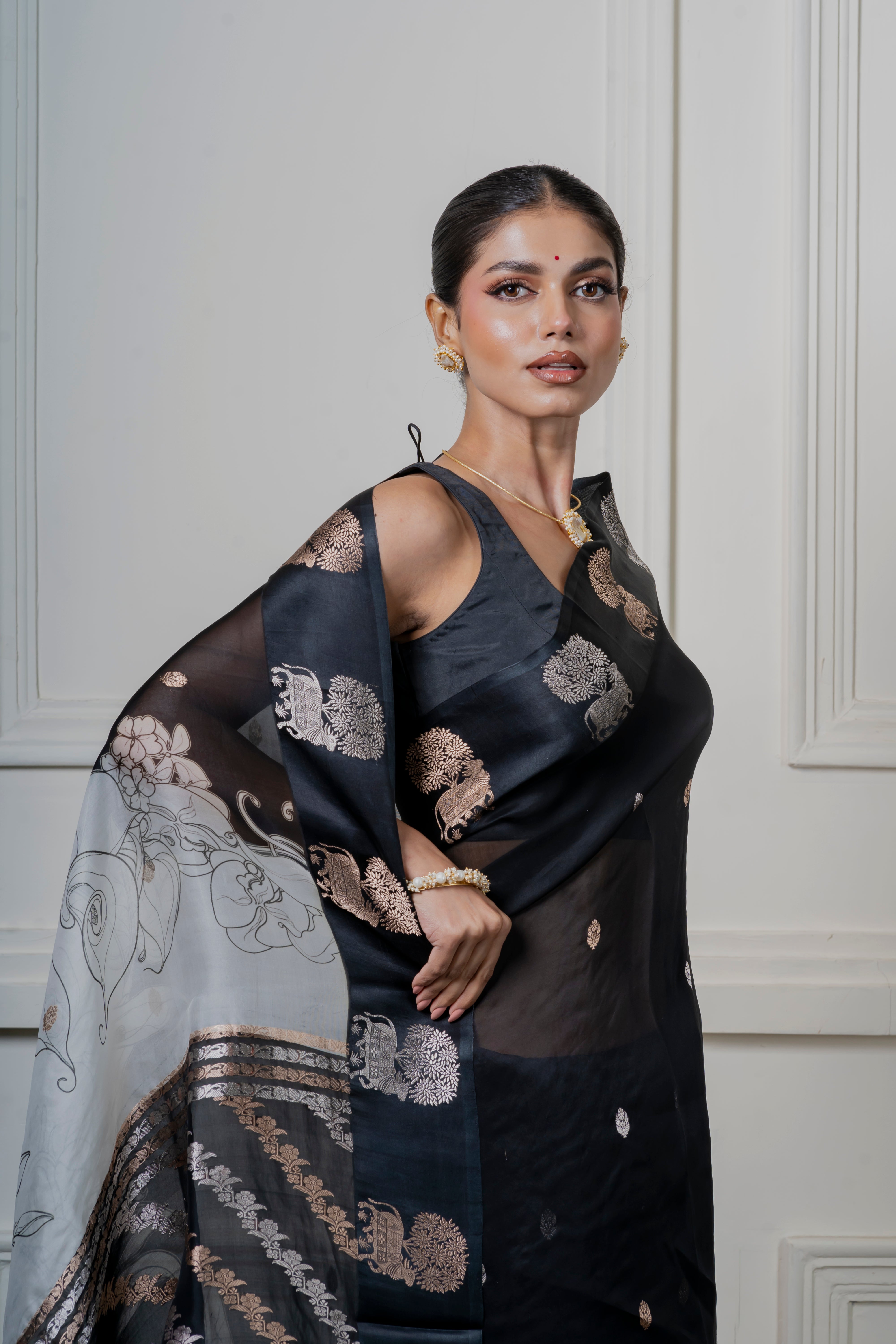 Black Organza Saree with Digital Floral Print and Zari Border Mokshaa