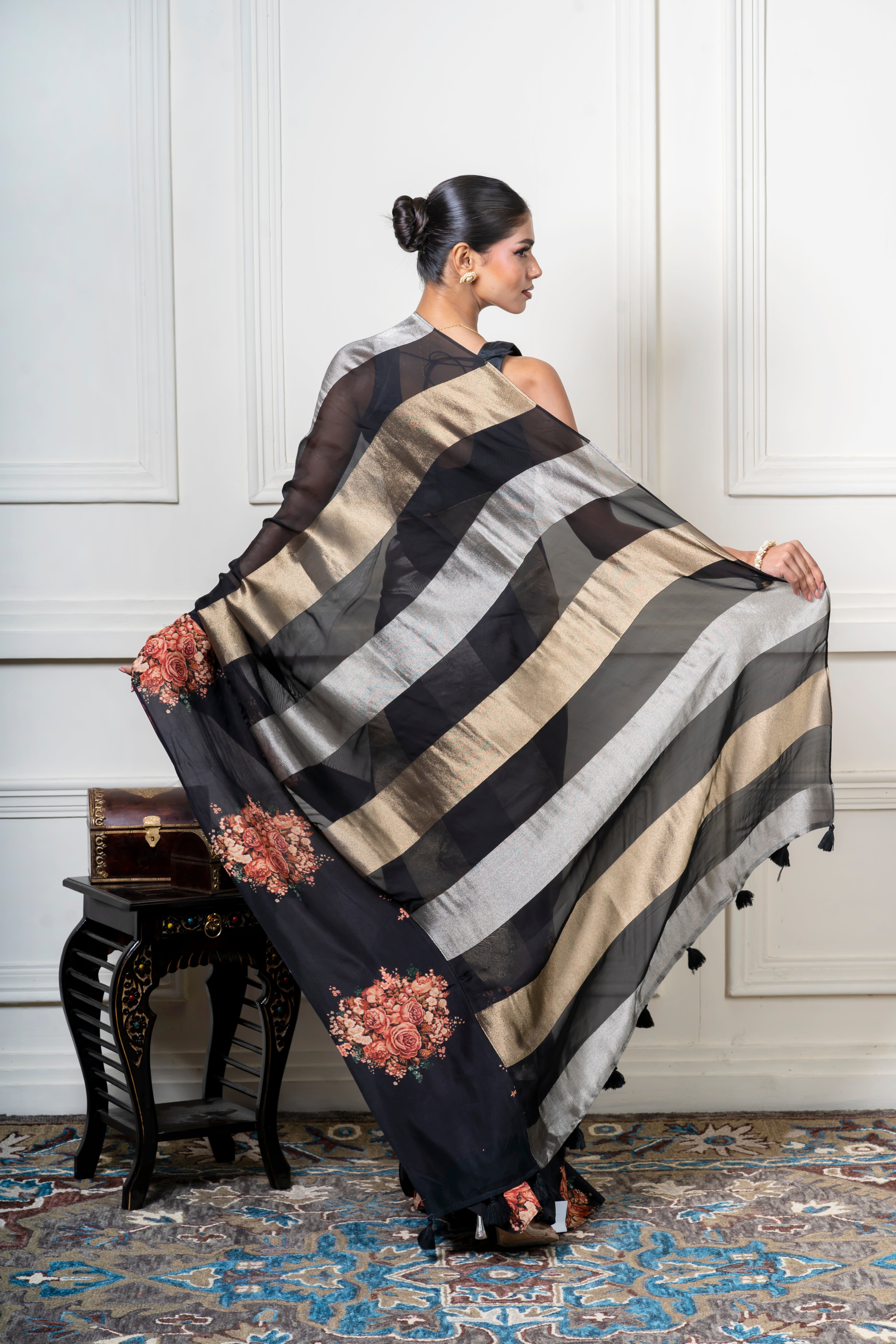 Black Organza Saree with Zari Stripes and Printed Border Mokshaa