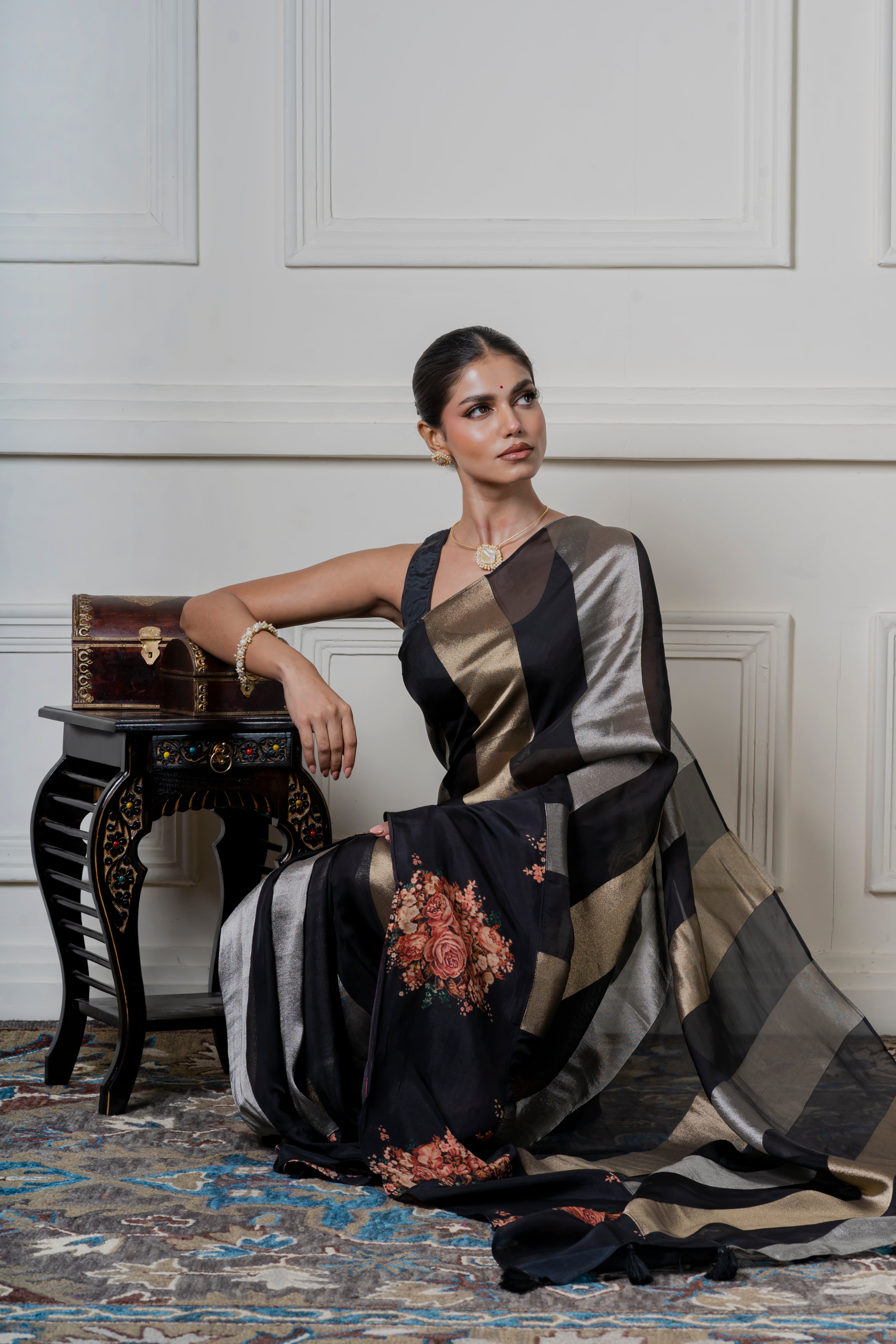 Black Organza Saree with Zari Stripes and Printed Border Mokshaa