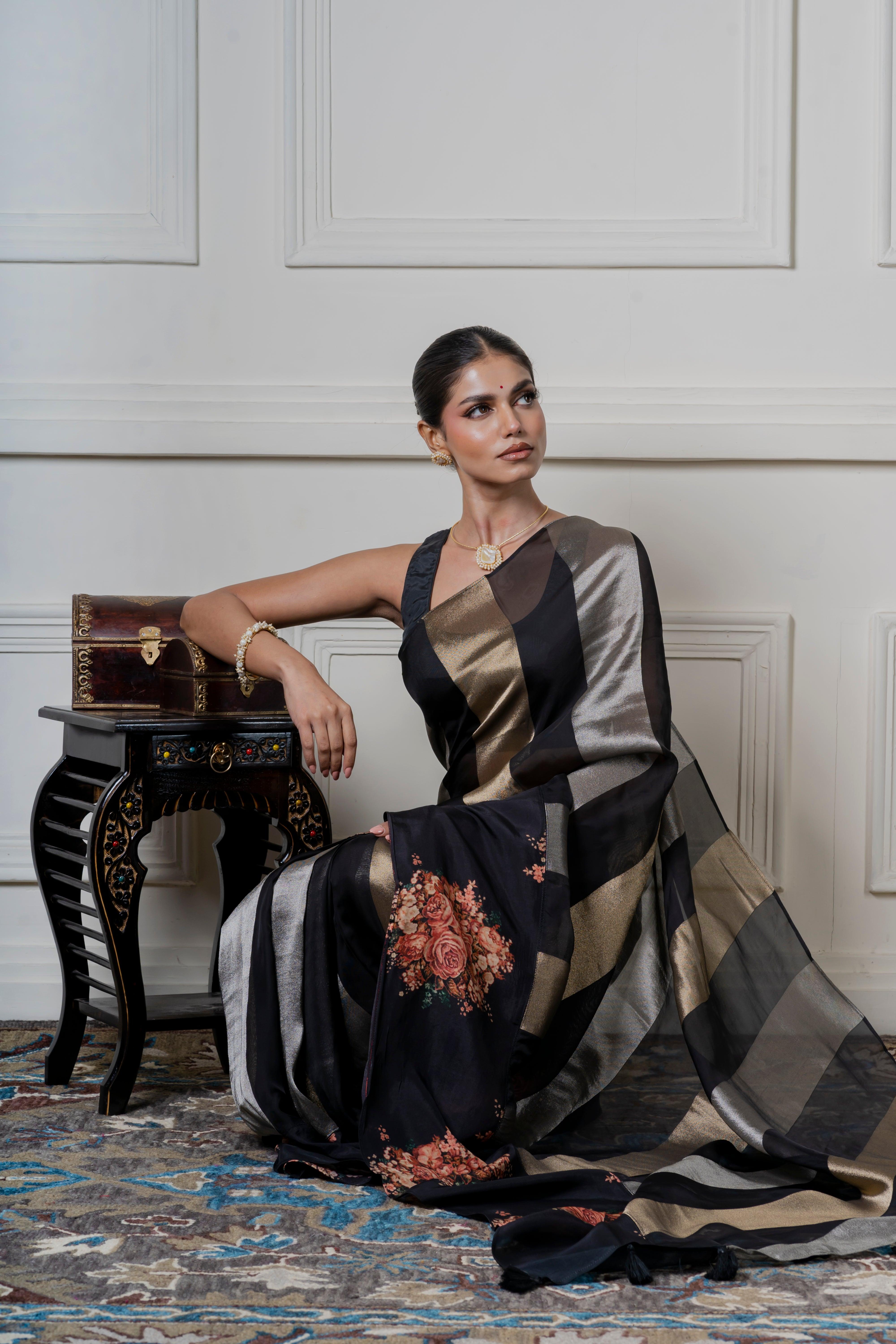 Black Organza Saree with Zari Stripes and Printed Border Mokshaa
