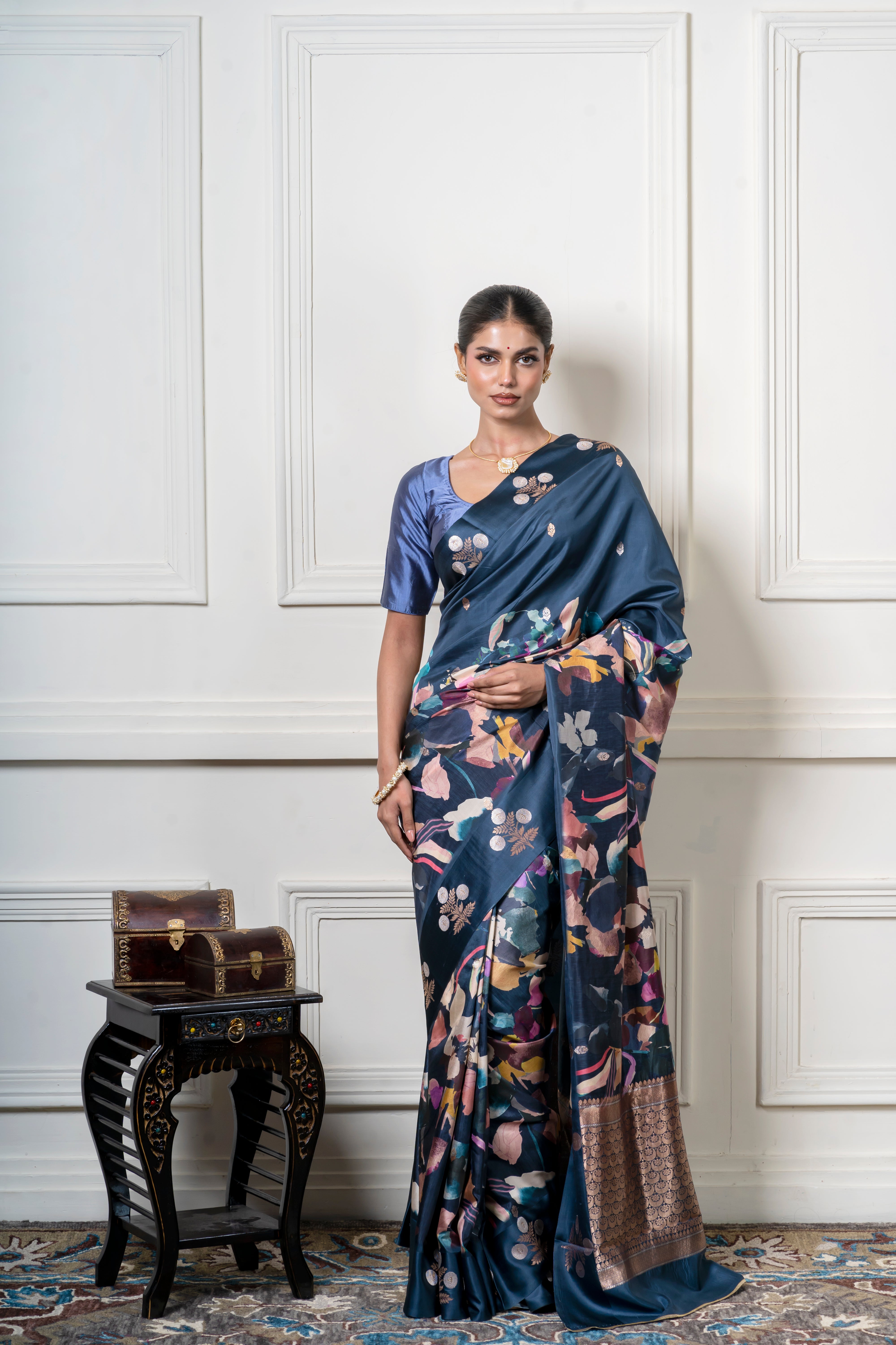 Midnight Blue Soft Banaras Silk Saree with Floral Print and Zari Border Mokshaa