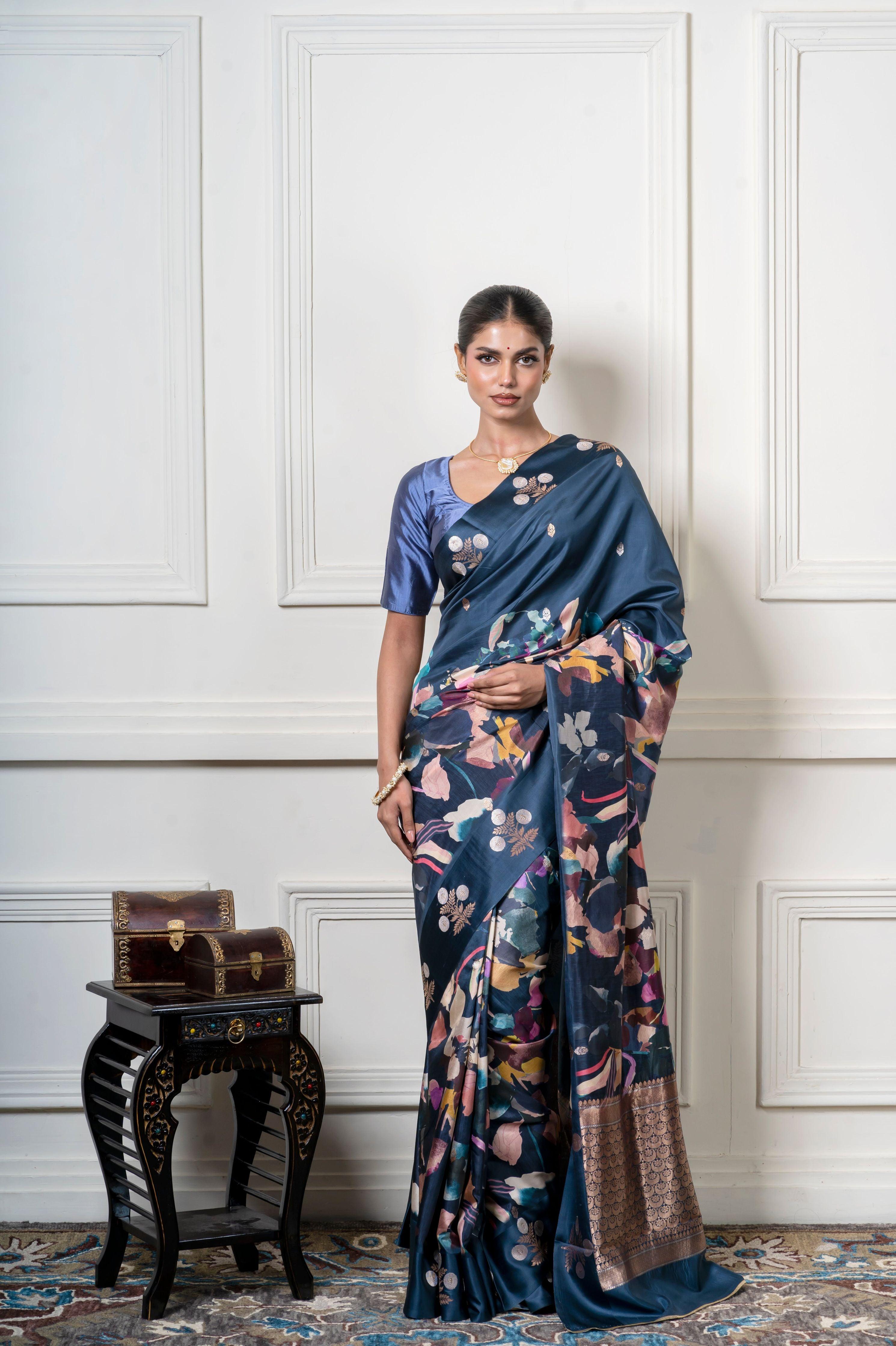 Midnight Blue Soft Banaras Silk Saree with Floral Print and Zari Border Mokshaa