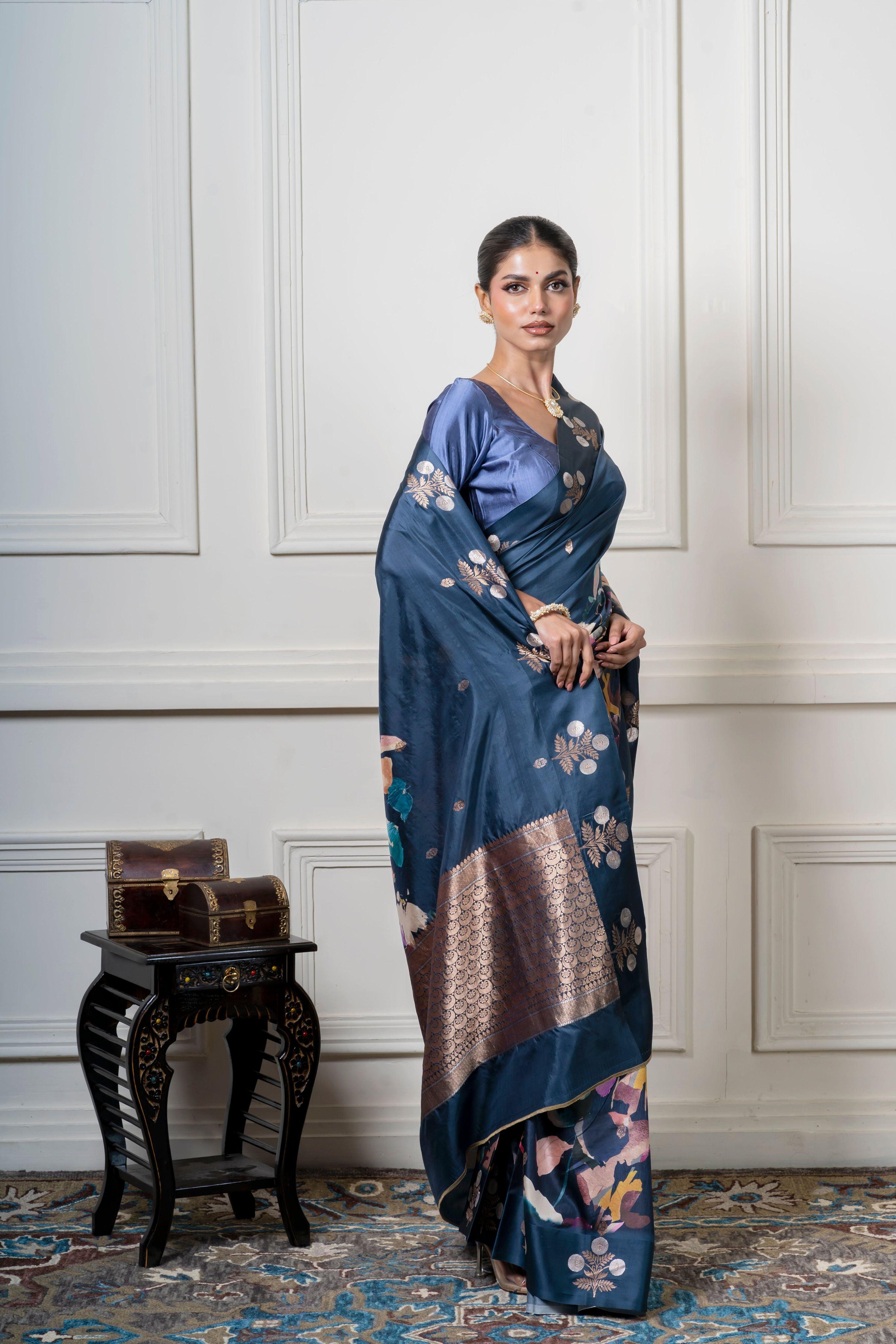 Midnight Blue Soft Banaras Silk Saree with Floral Print and Zari Border Mokshaa