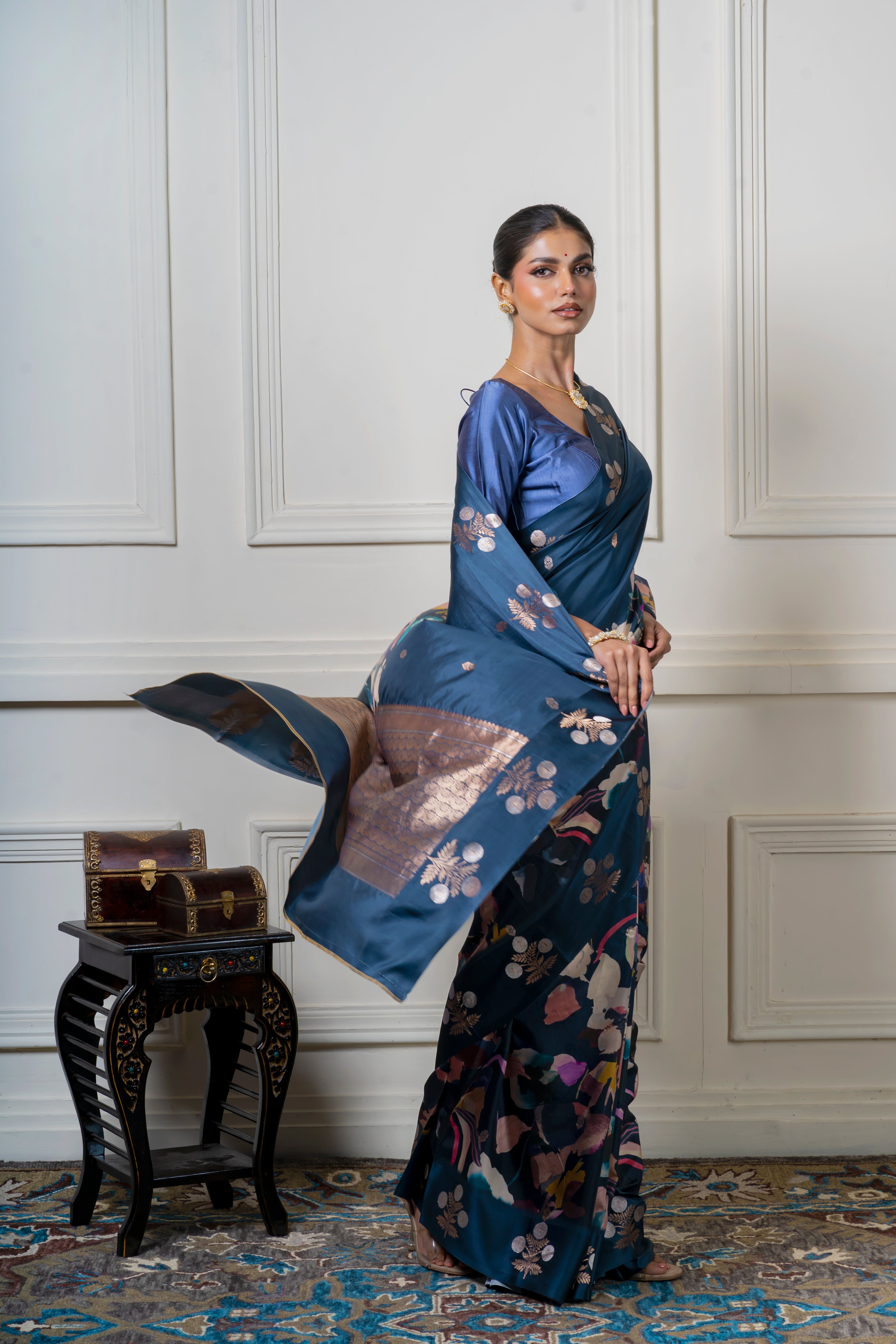 Midnight Blue Soft Banaras Silk Saree with Floral Print and Zari Border Mokshaa