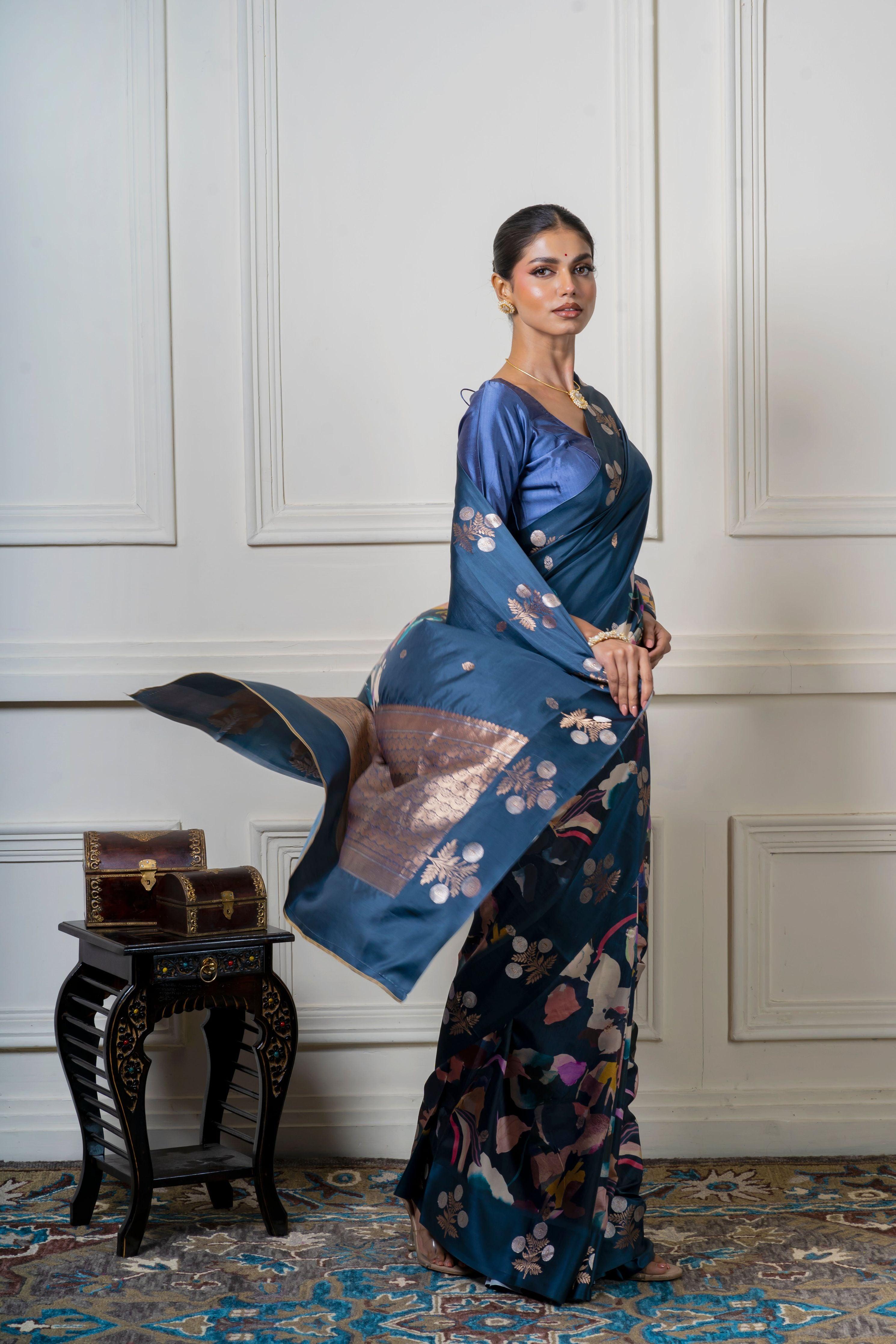 Midnight Blue Soft Banaras Silk Saree with Floral Print and Zari Border Mokshaa