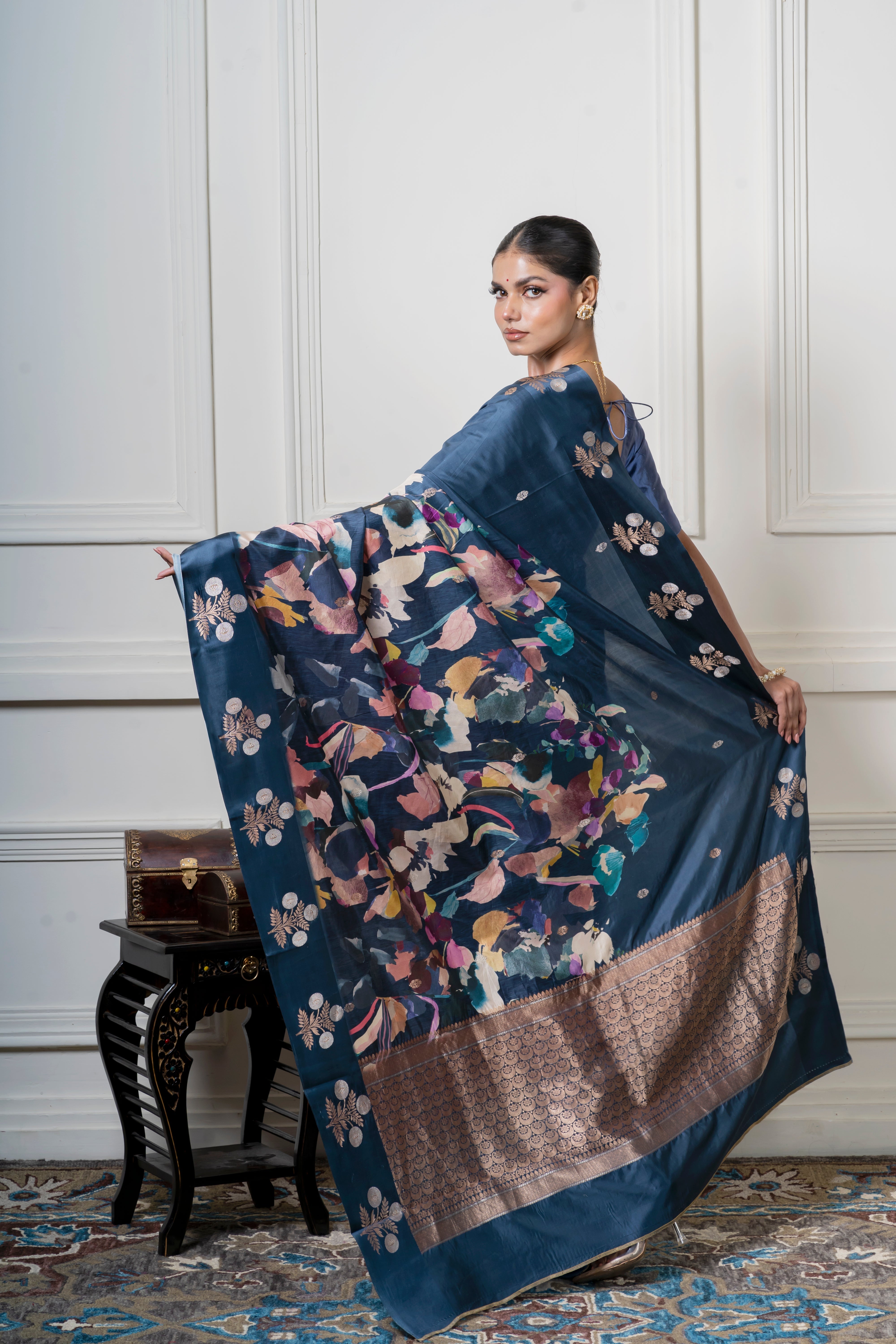 Midnight Blue Soft Banaras Silk Saree with Floral Print and Zari Border Mokshaa