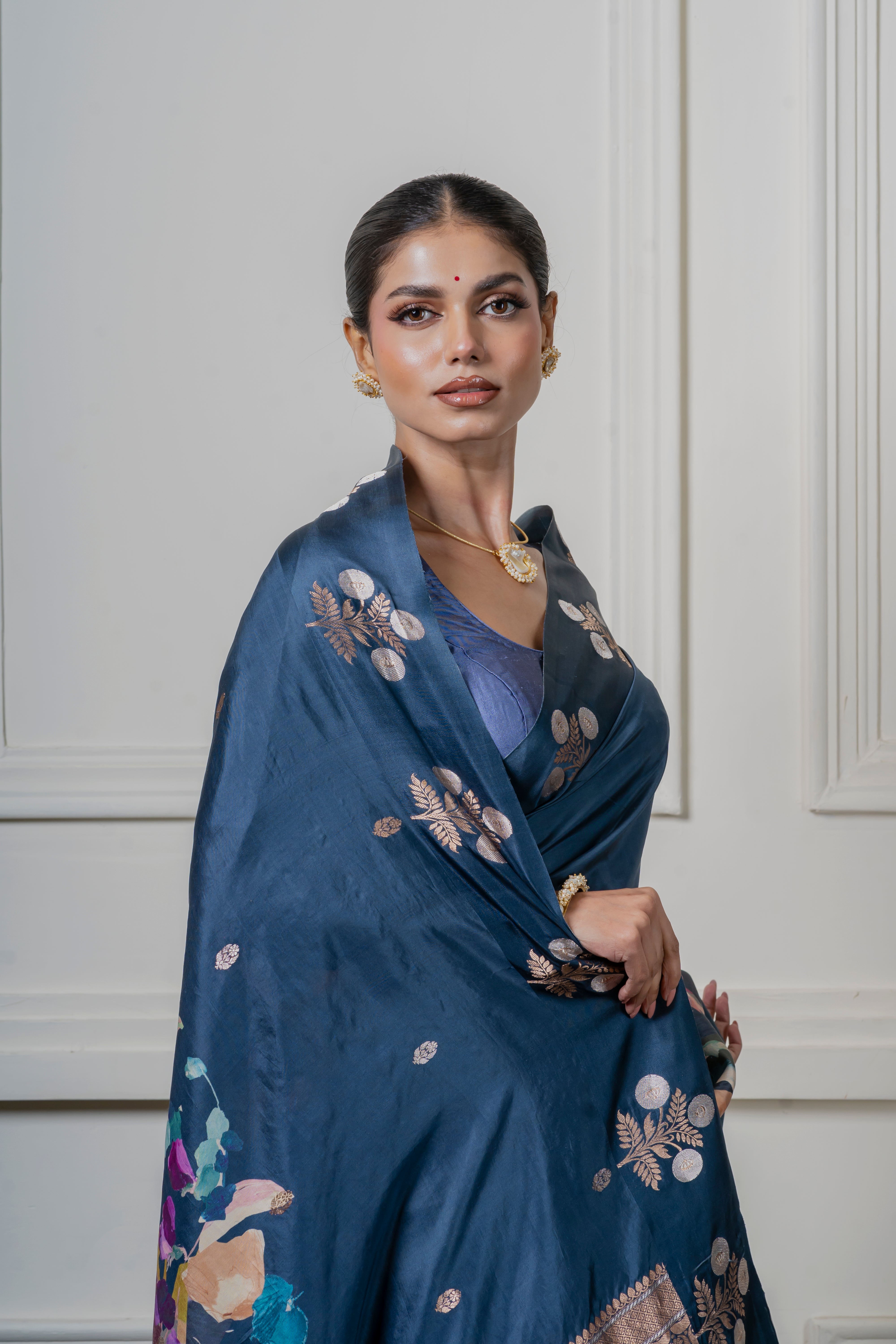 Midnight Blue Soft Banaras Silk Saree with Floral Print and Zari Border Mokshaa
