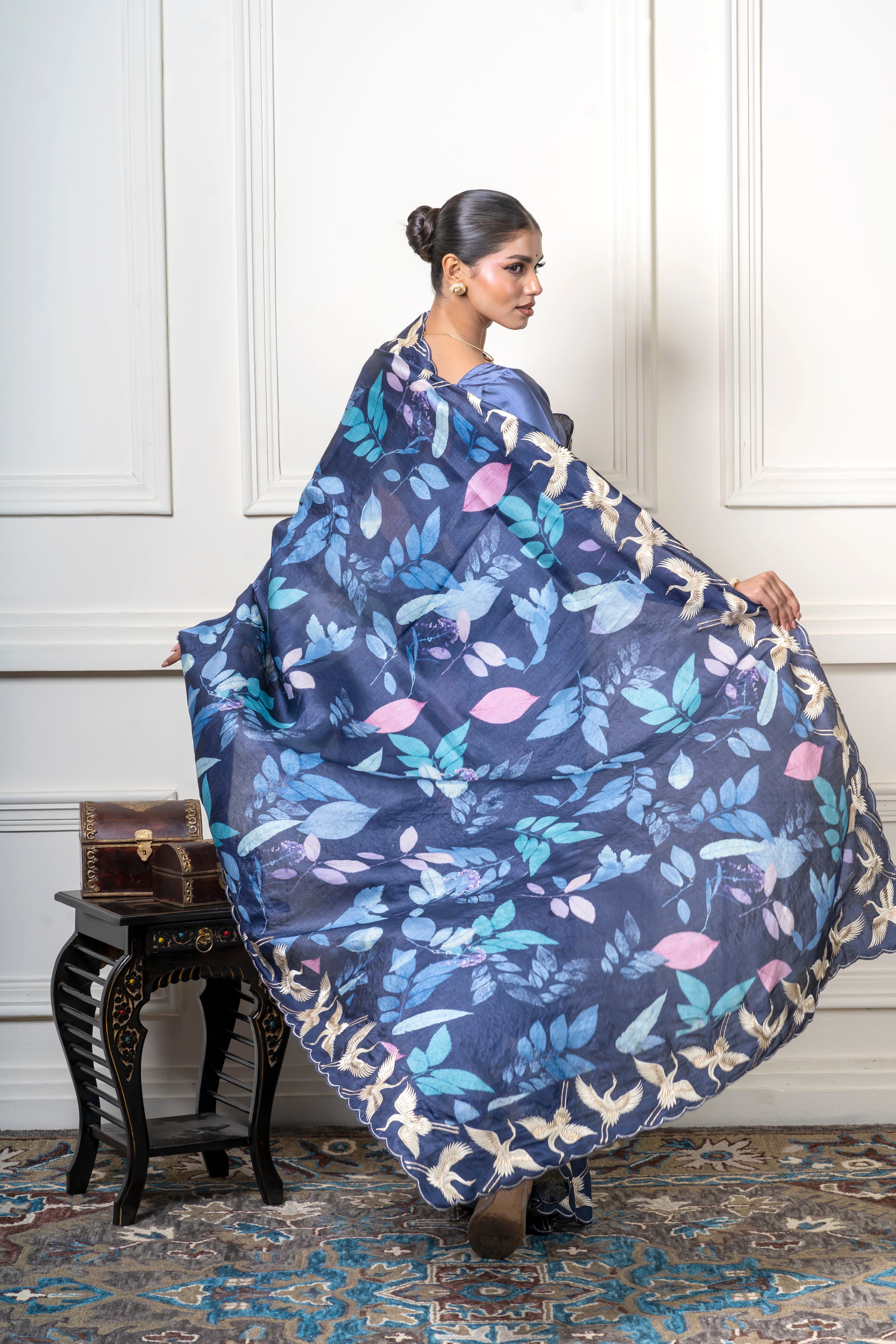 Navy Blue Tussar Silk Saree with Crane Motif Border Mokshaa