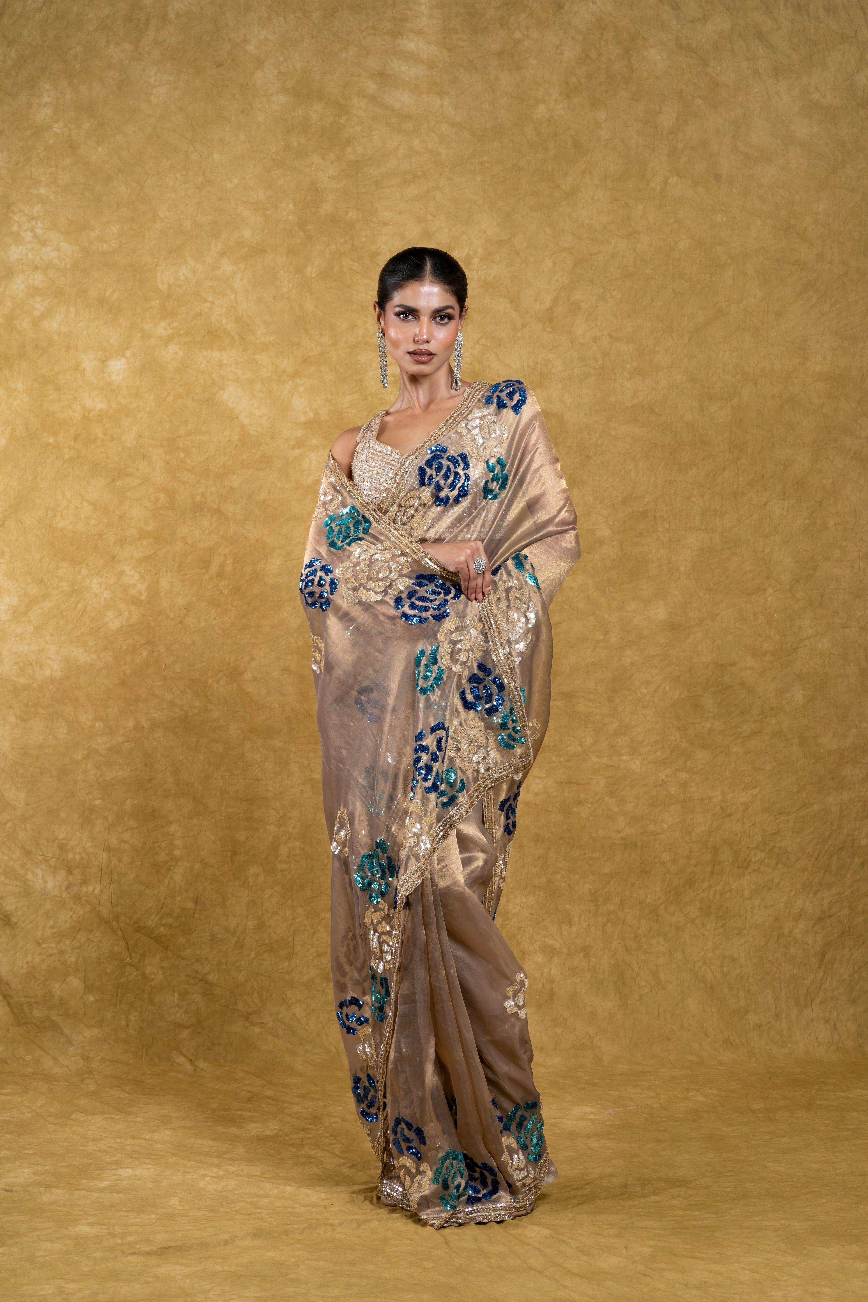 Ash Grey Tissue Organza Saree with Black Beads Embroidery  Mokshaa