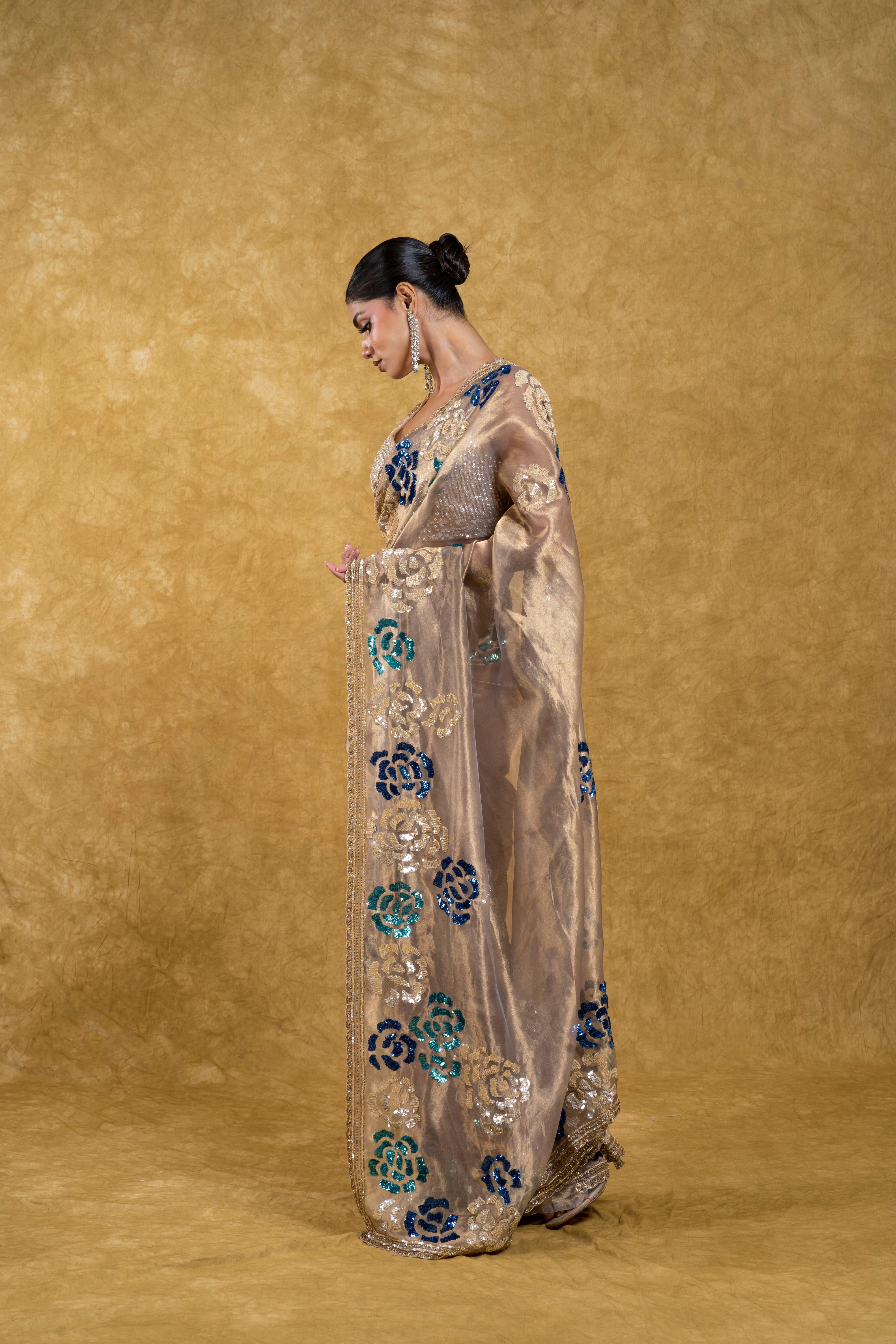 Ash Grey Tissue Organza Saree with Black Beads Embroidery  Mokshaa