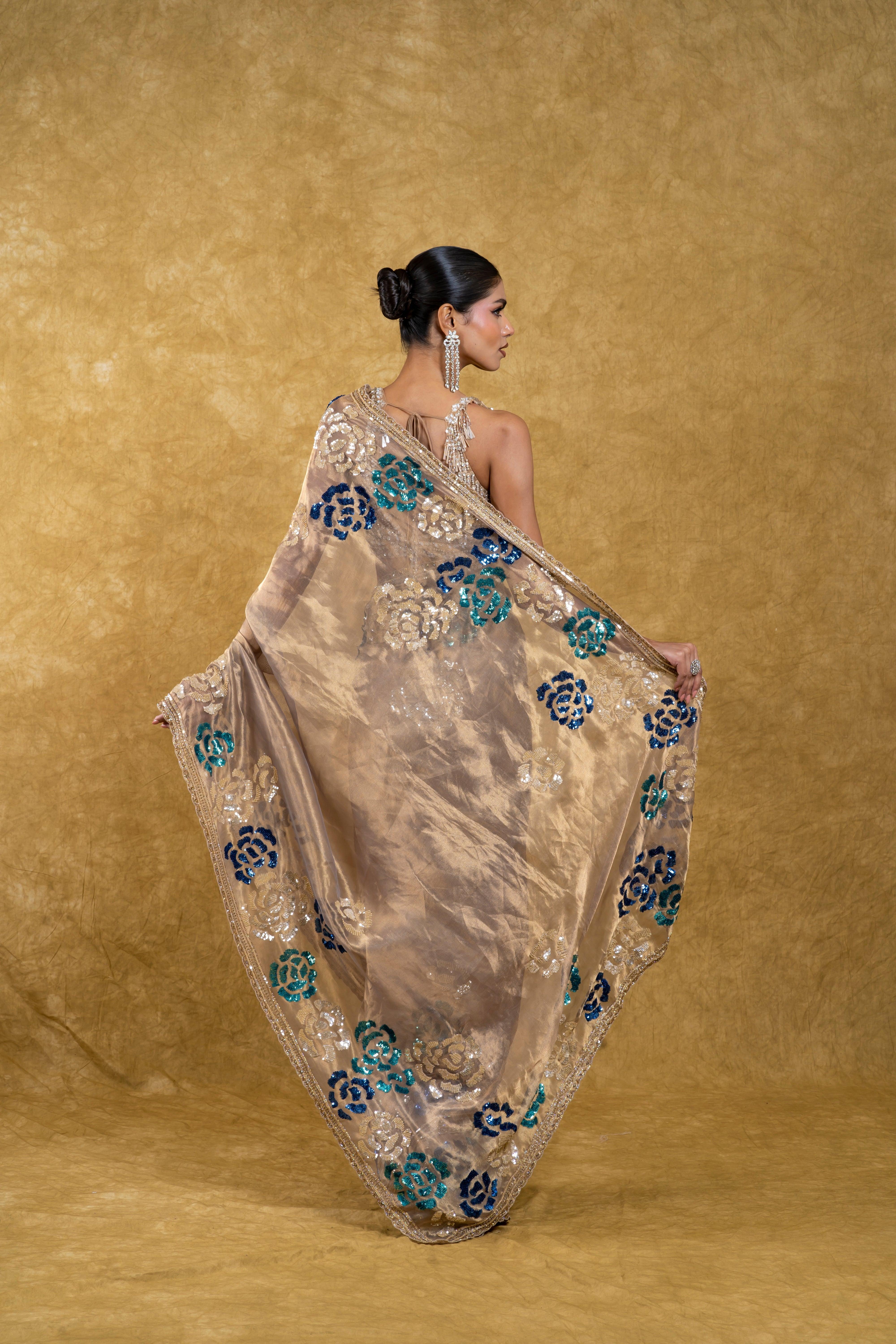Ash Grey Tissue Organza Saree with Black Beads Embroidery  Mokshaa