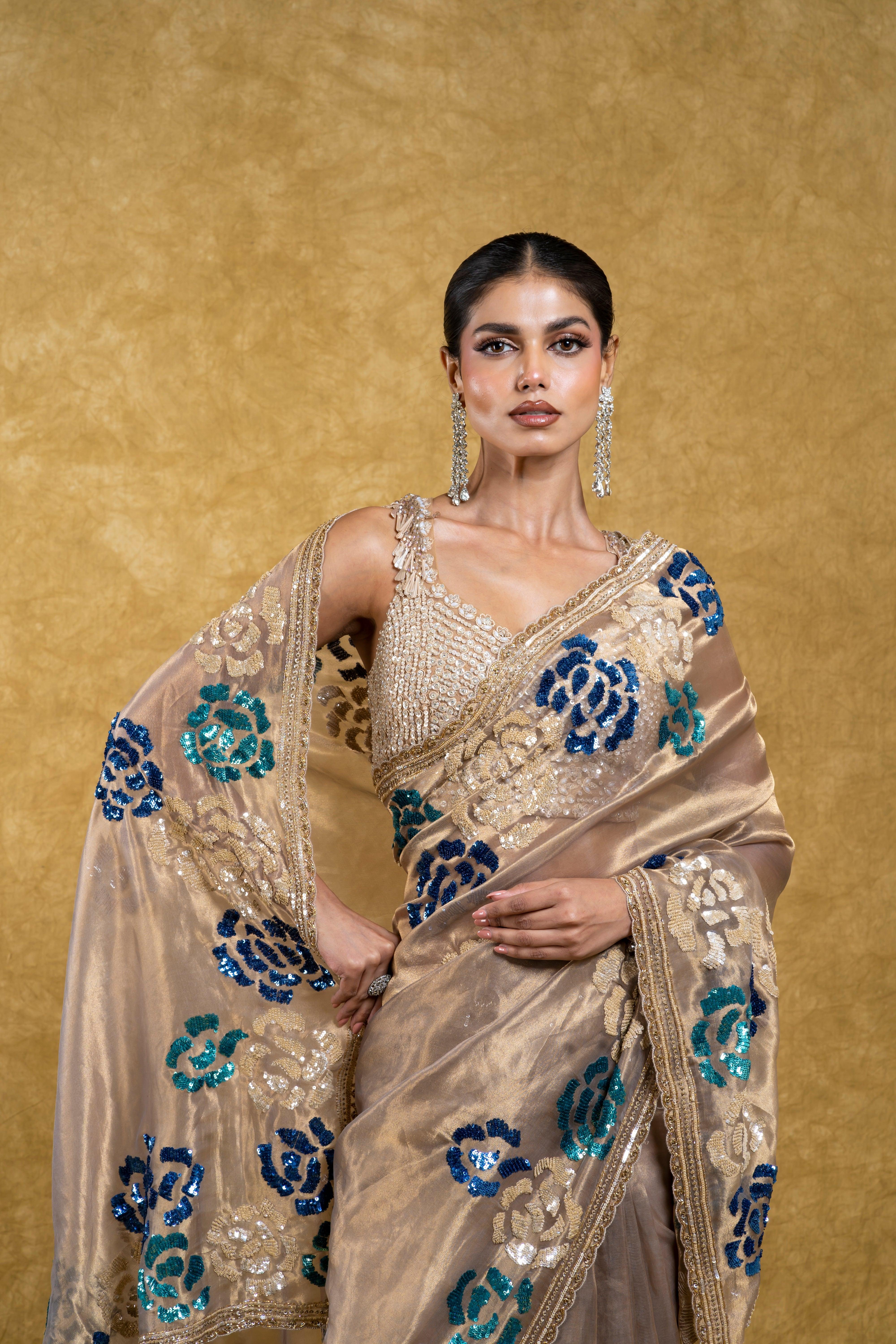 Ash Grey Tissue Organza Saree with Black Beads Embroidery  Mokshaa