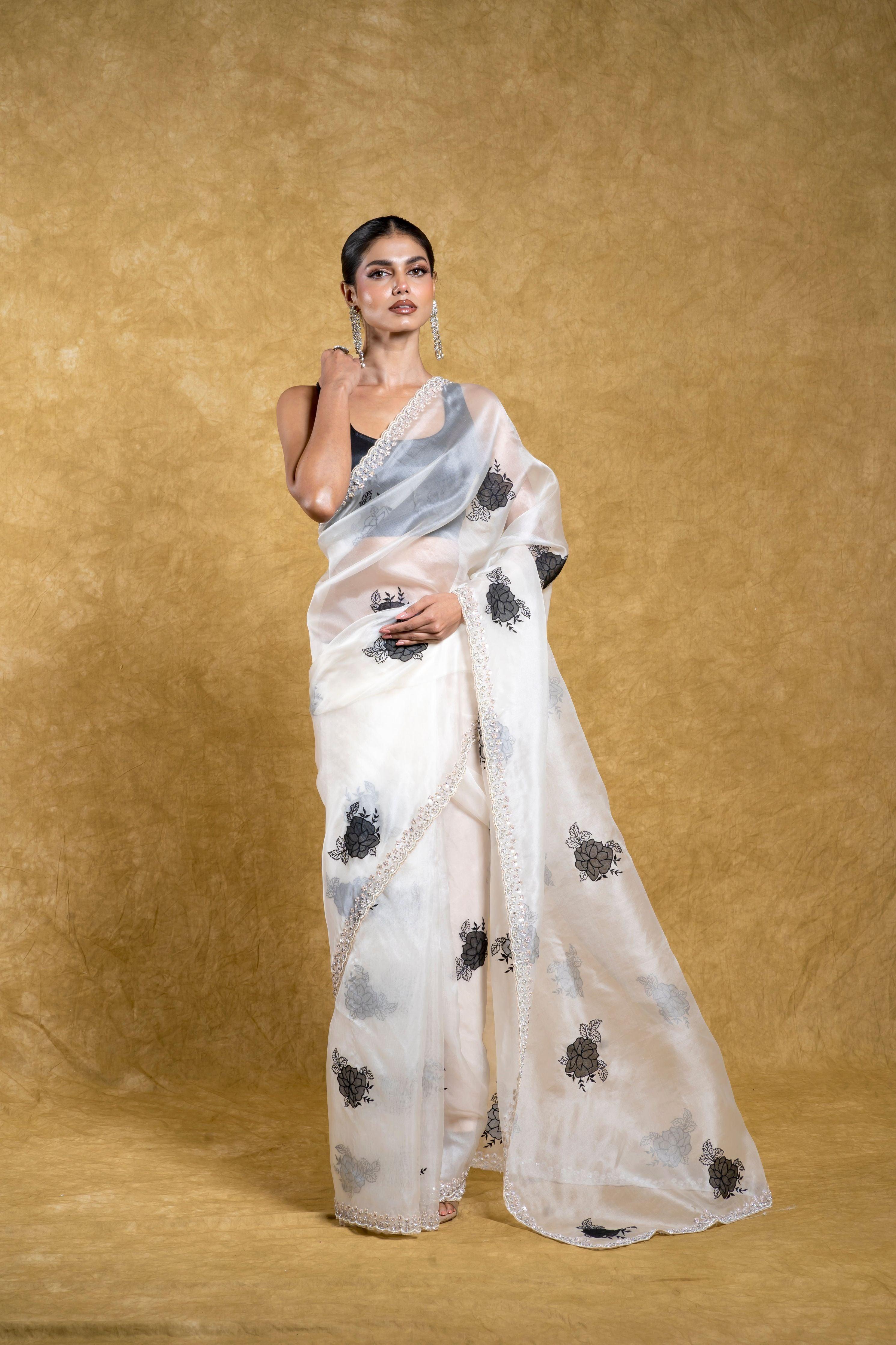 White Organza Saree with Black Floral Motif and Embellished Border  Mokshaa