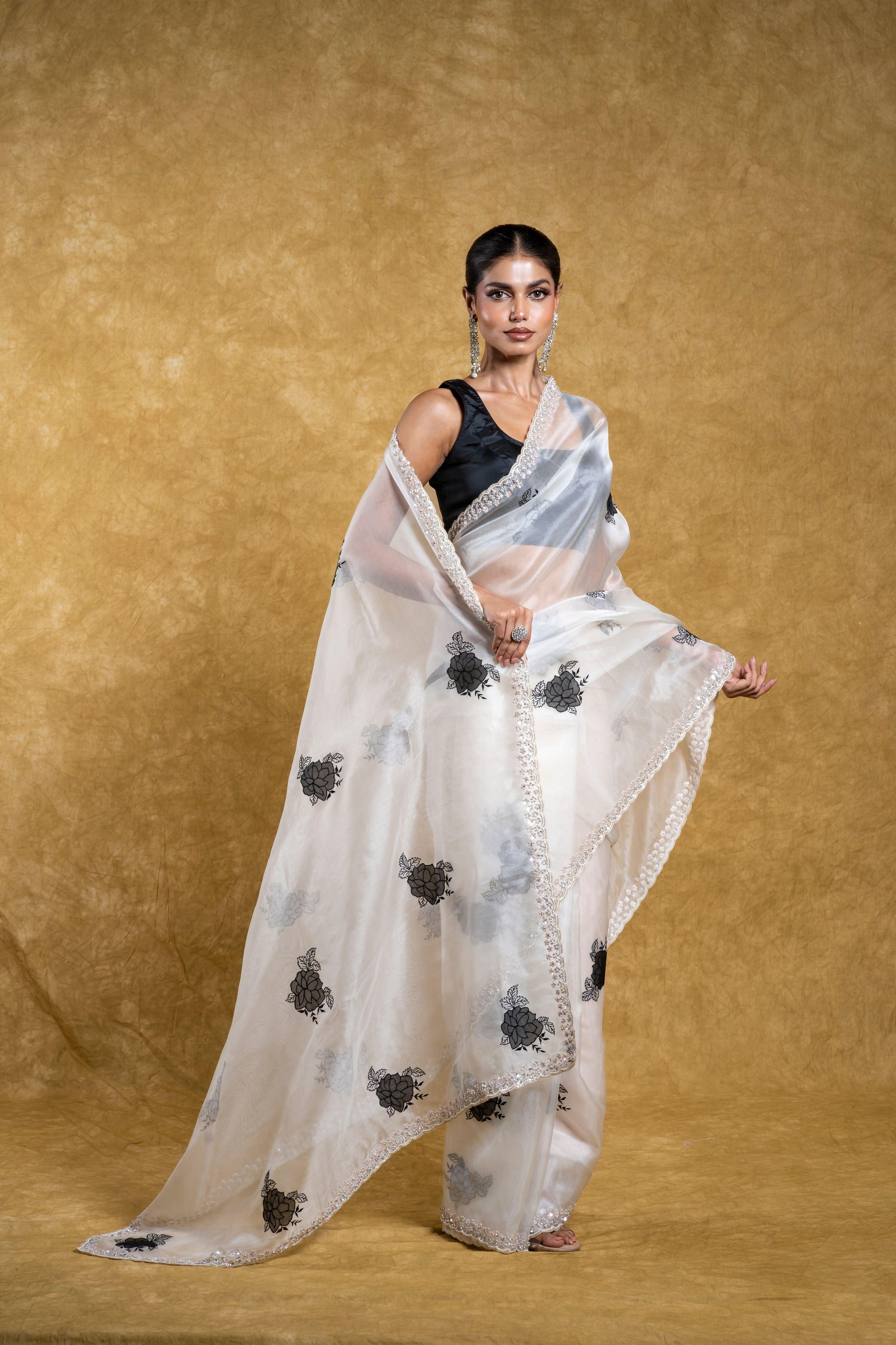White Organza Saree with Black Floral Motif and Embellished Border  Mokshaa