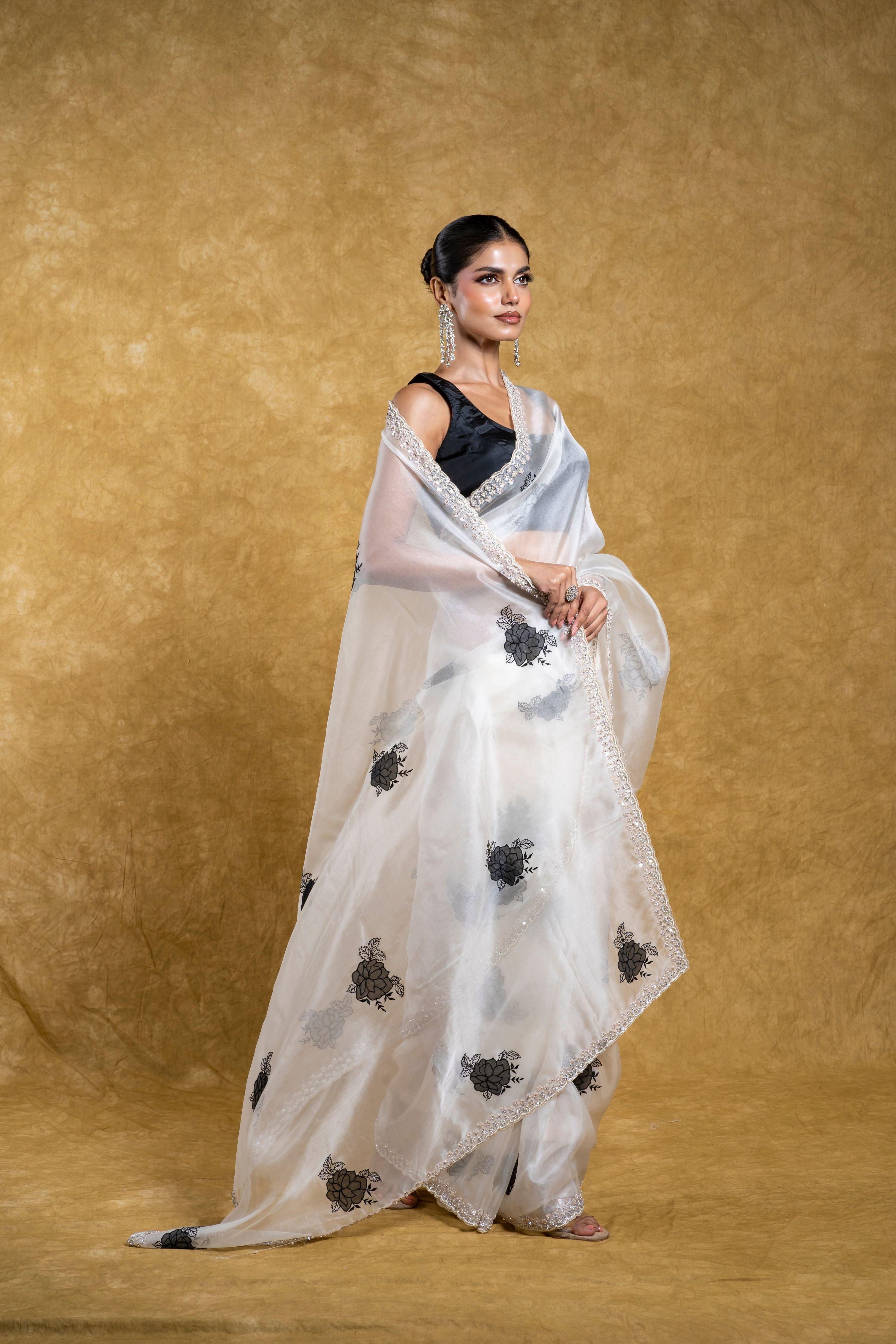 White Organza Saree with Black Floral Motif and Embellished Border  Mokshaa