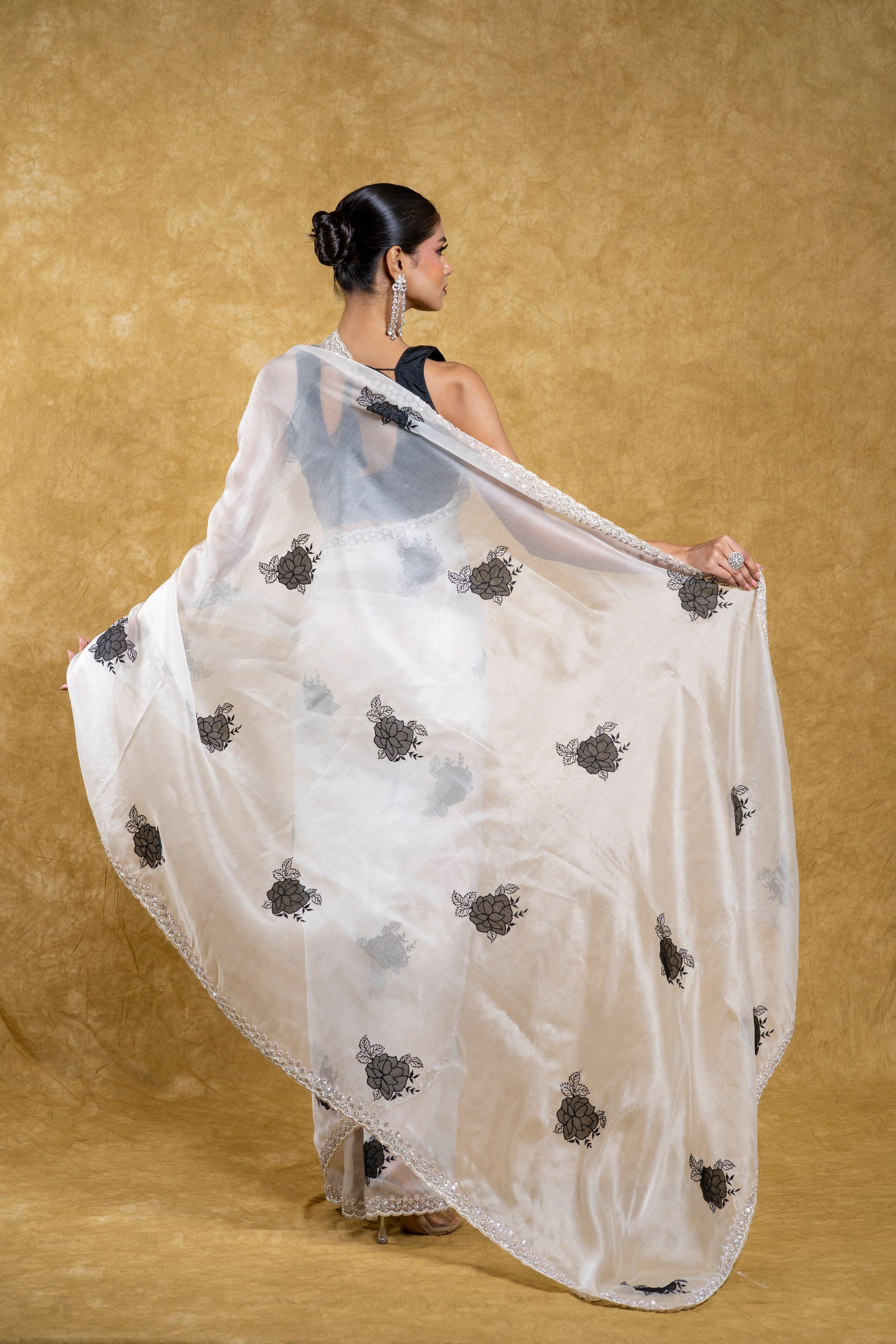 White Organza Saree with Black Floral Motif and Embellished Border  Mokshaa