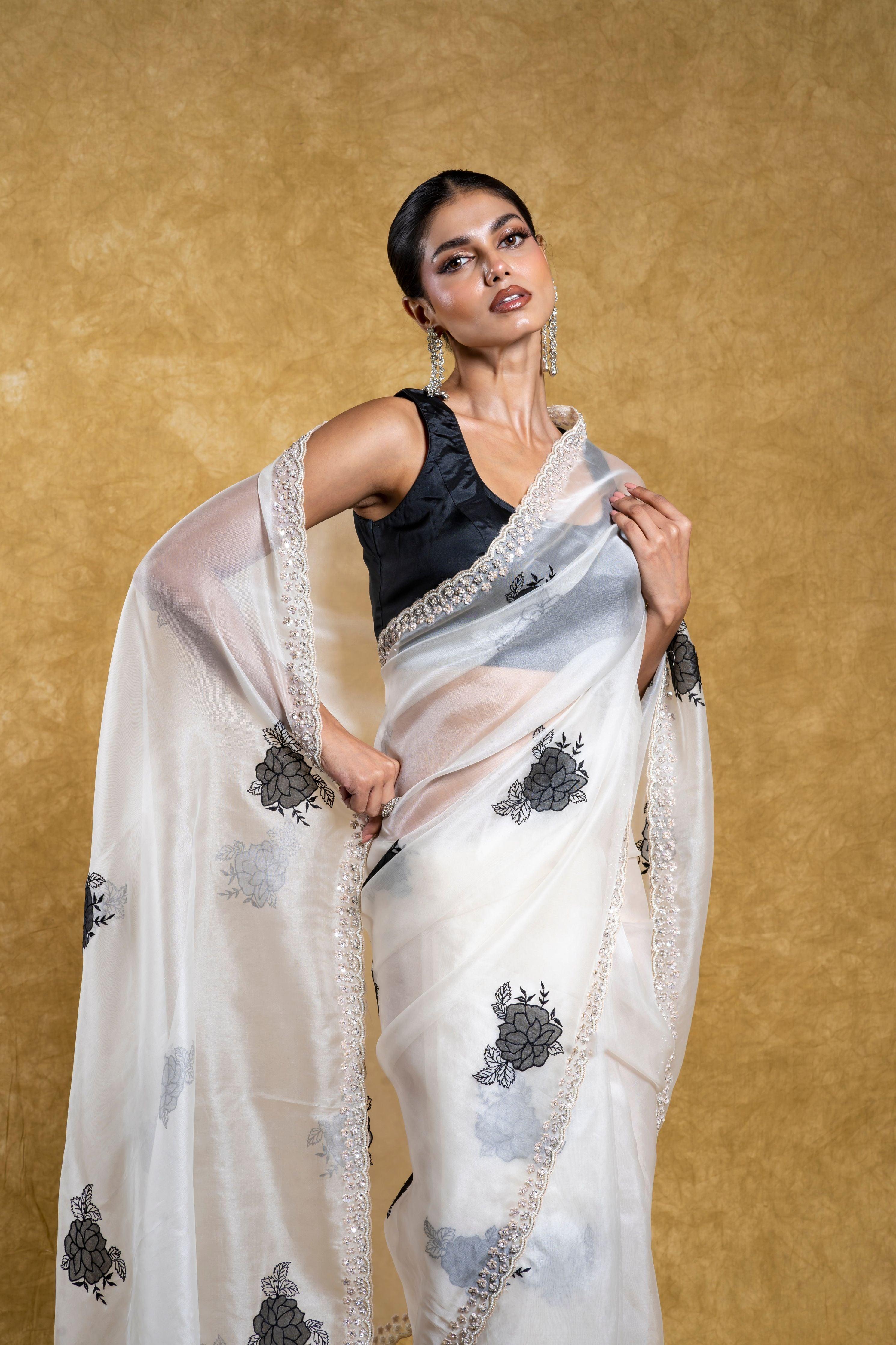 White Organza Saree with Black Floral Motif and Embellished Border  Mokshaa