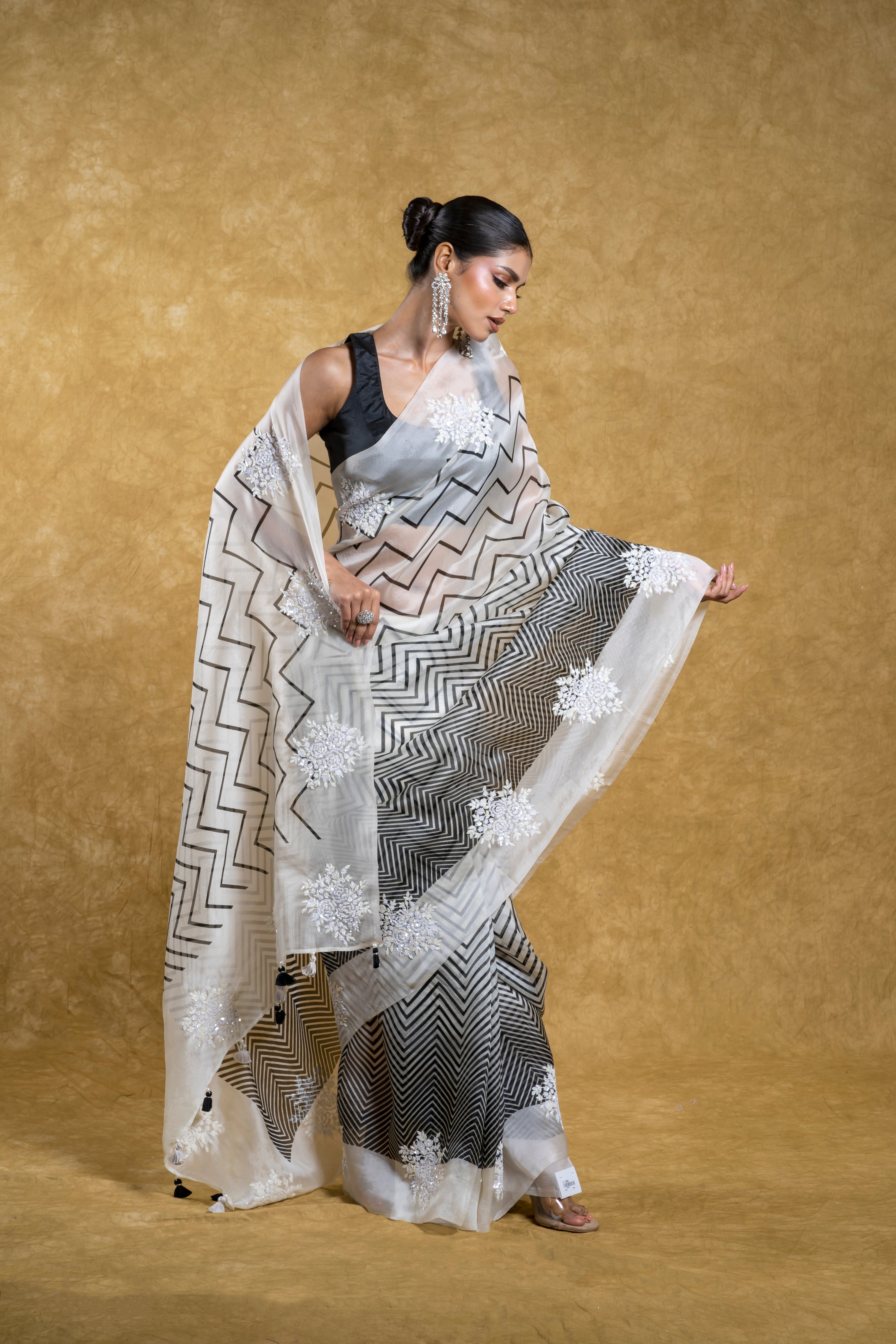 Black and White Kora Organza Saree with Sequins Embroidery Mokshaa
