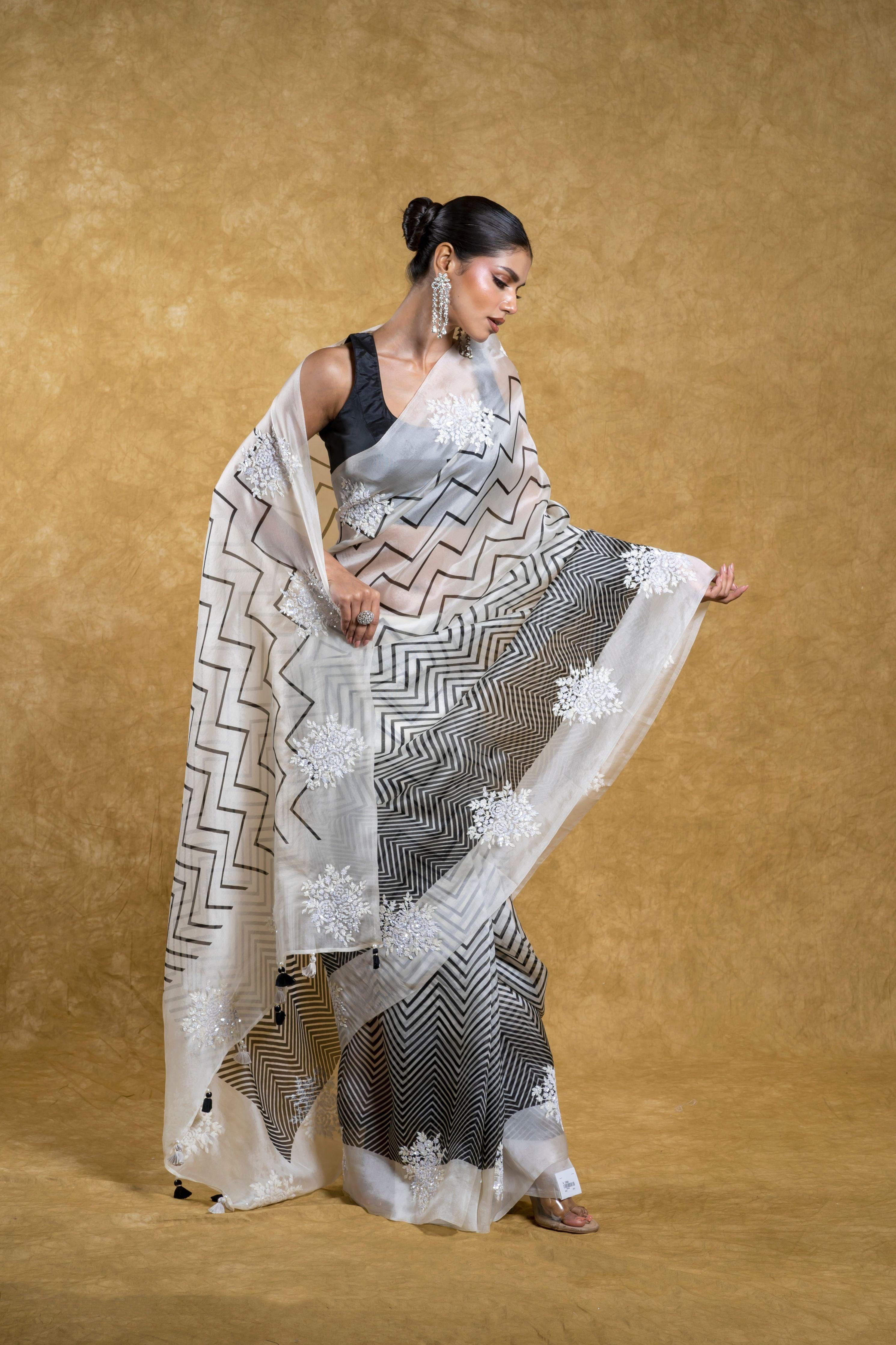Black and White Kora Organza Saree with Sequins Embroidery Mokshaa