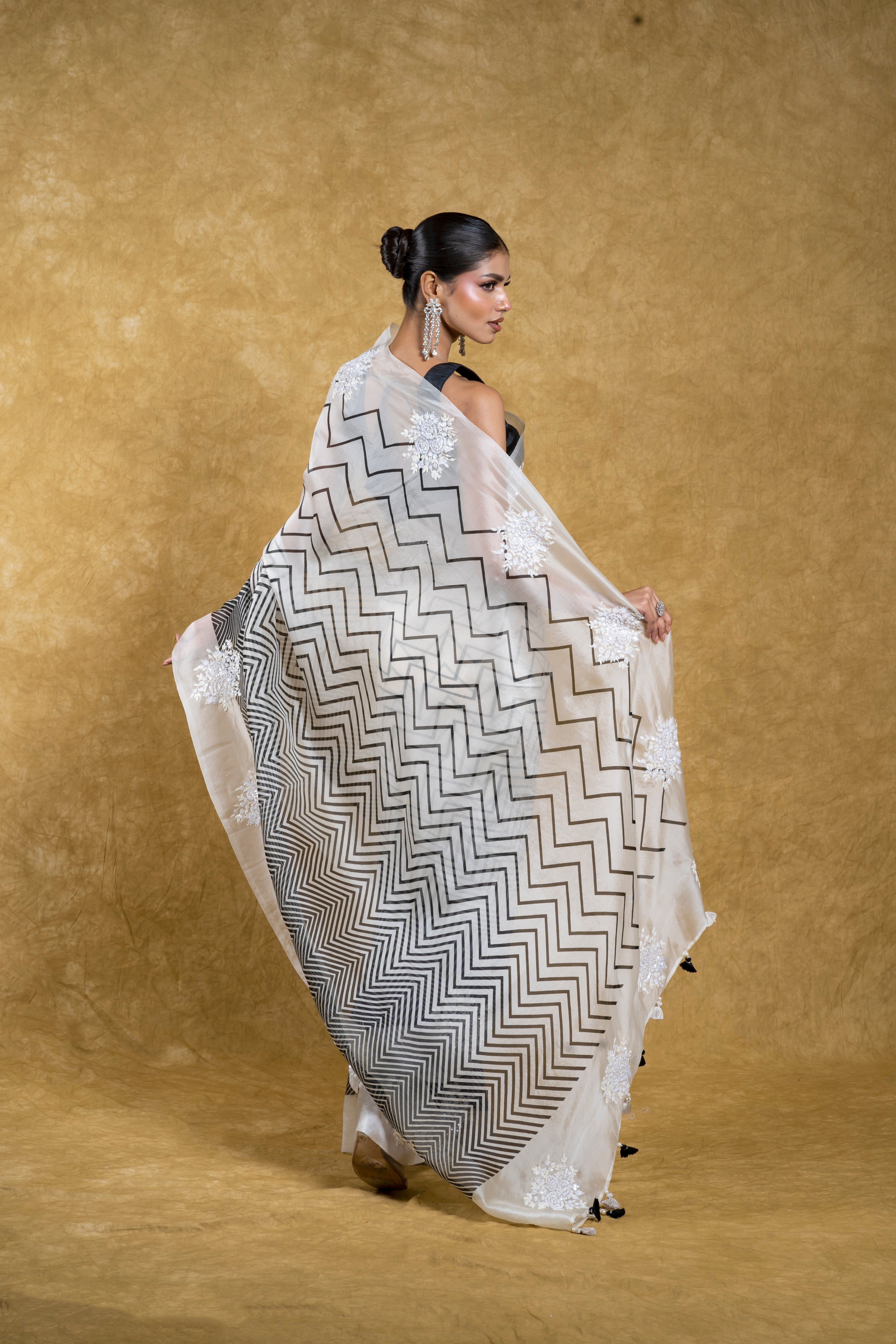 Black and White Kora Organza Saree with Sequins Embroidery Mokshaa