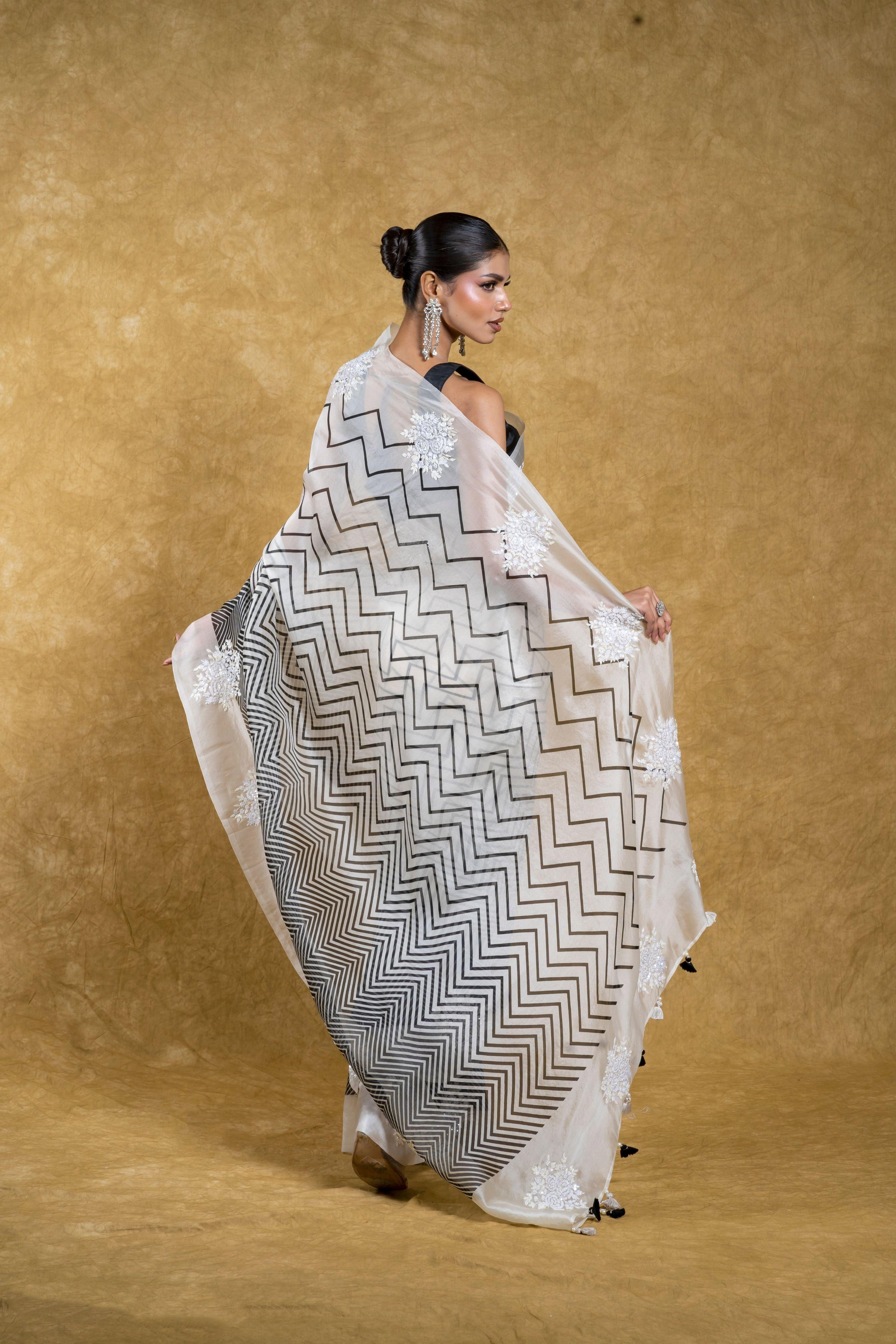 Black and White Kora Organza Saree with Sequins Embroidery Mokshaa