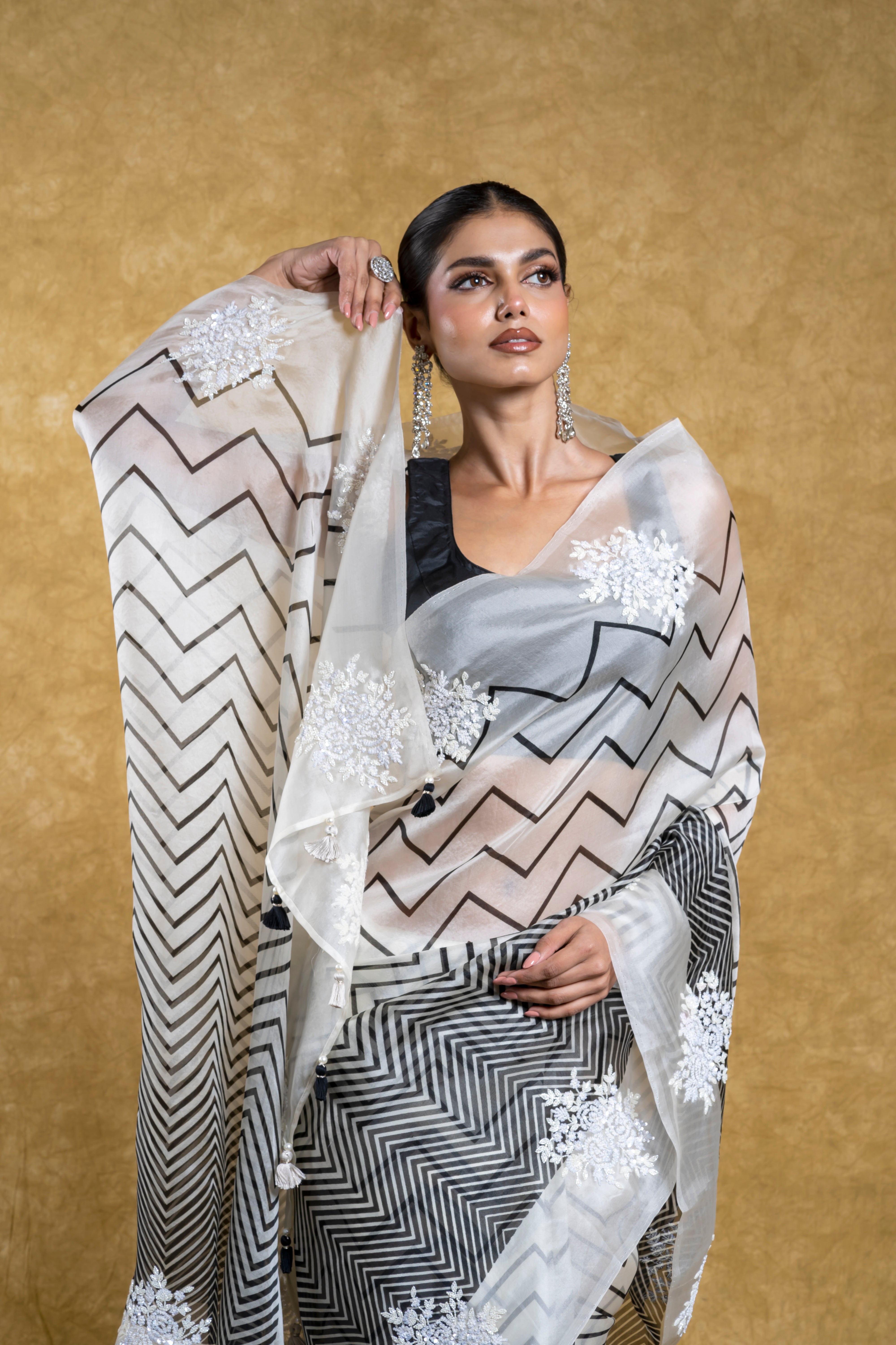 Black and White Kora Organza Saree with Sequins Embroidery Mokshaa