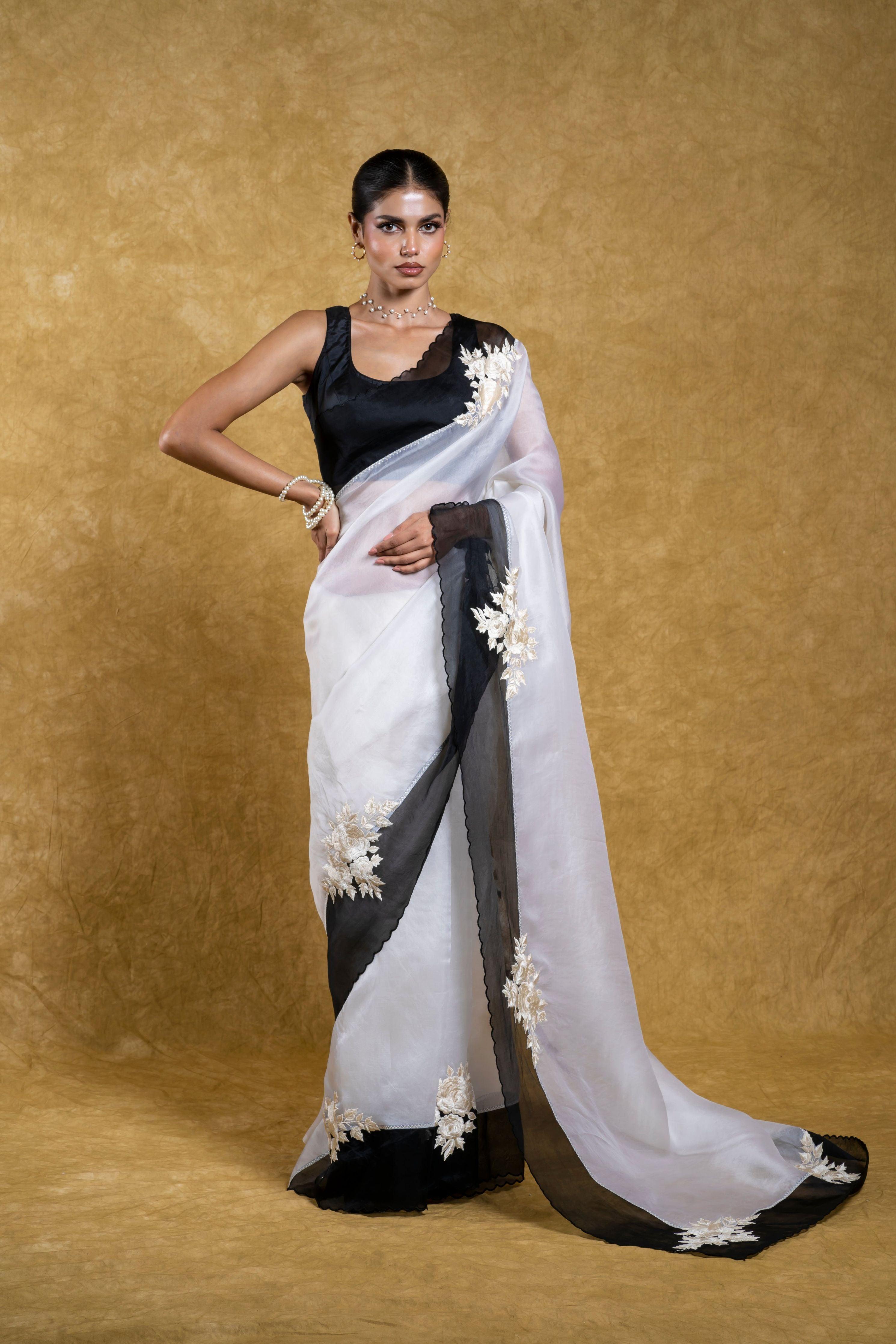 White Organza Saree with Black Floral Applique  Mokshaa