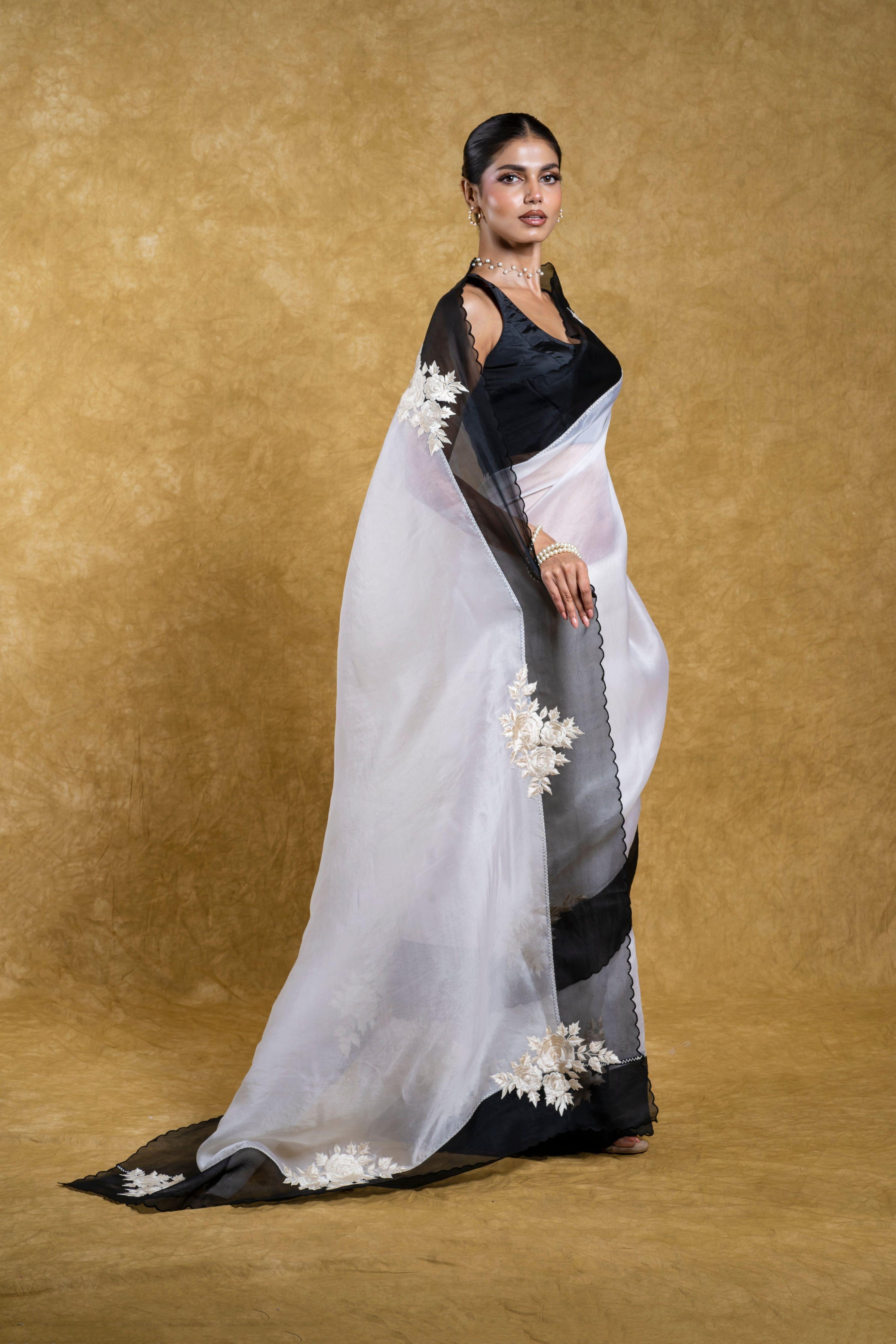 White Organza Saree with Black Floral Applique  Mokshaa