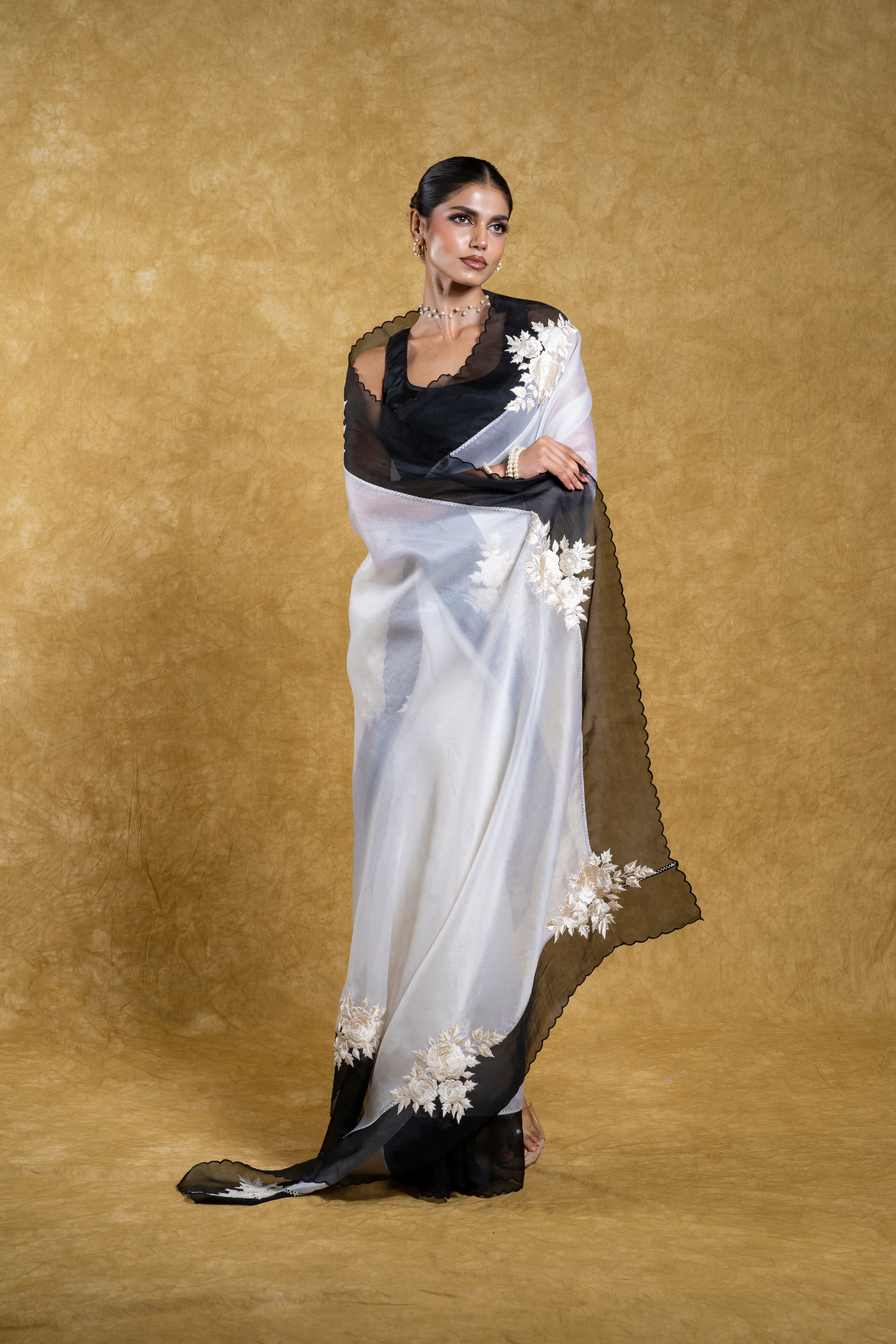 White Organza Saree with Black Floral Applique Mokshaa