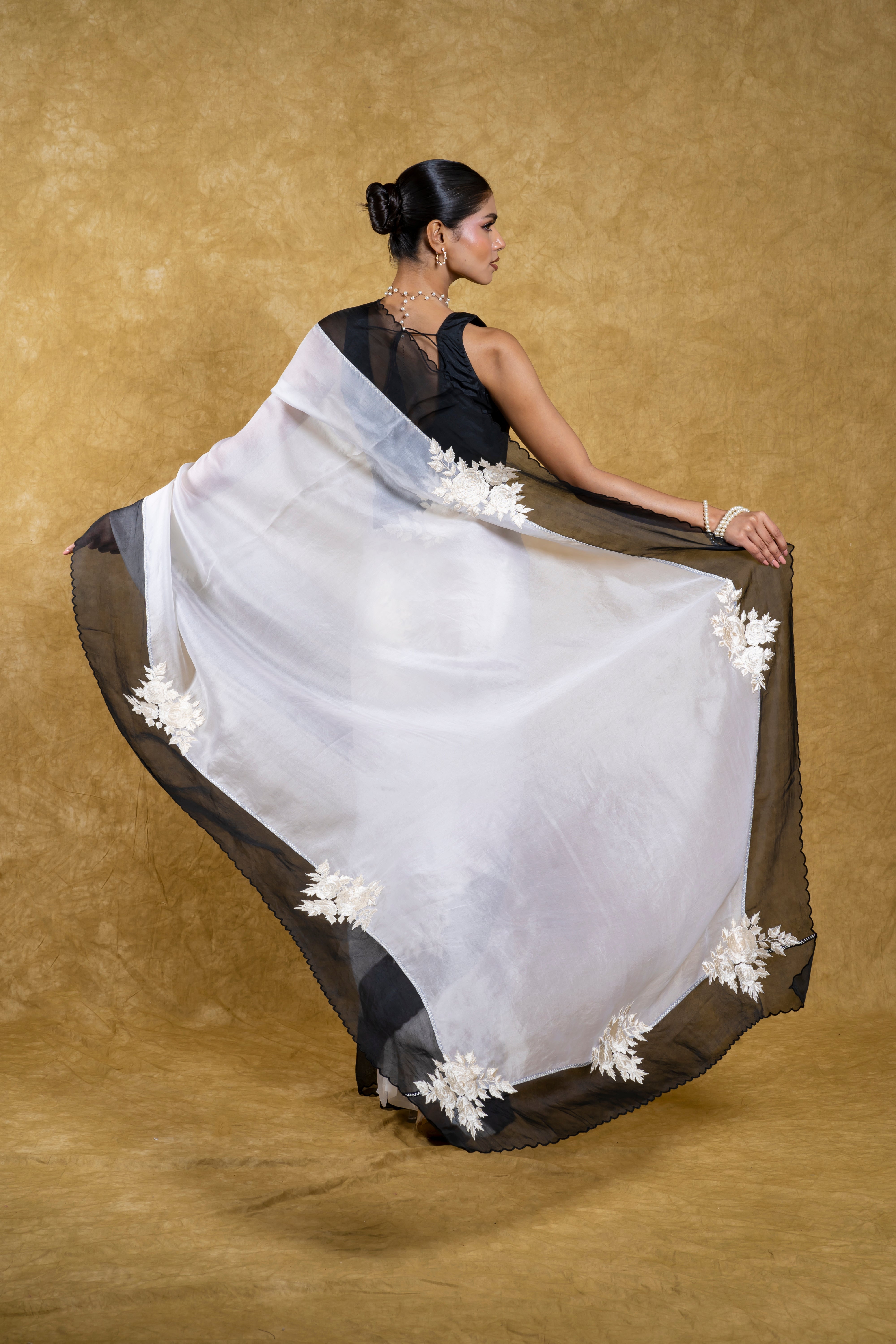 White Organza Saree with Black Floral Applique Mokshaa