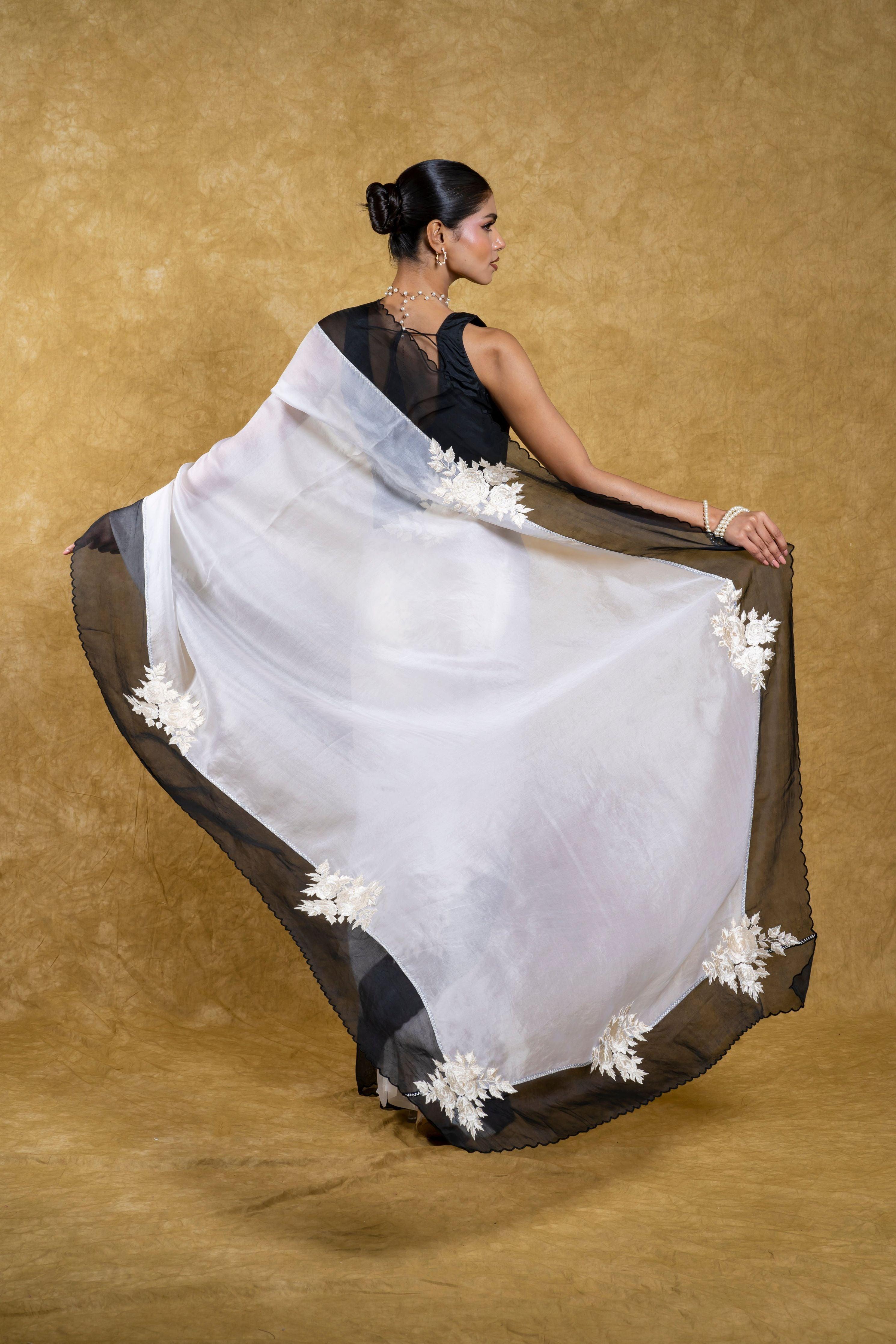 White Organza Saree with Black Floral Applique  Mokshaa