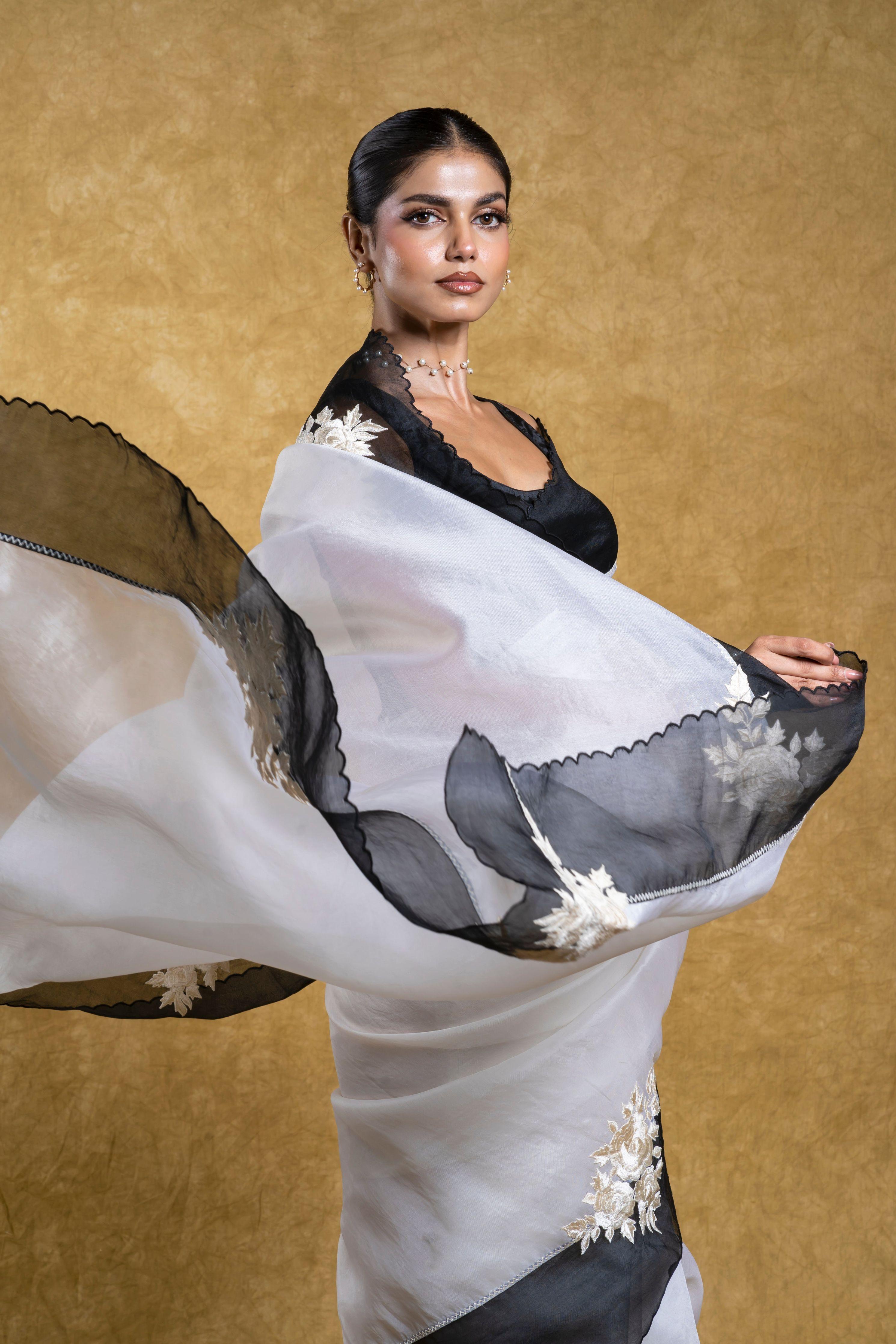 White Organza Saree with Black Floral Applique  Mokshaa