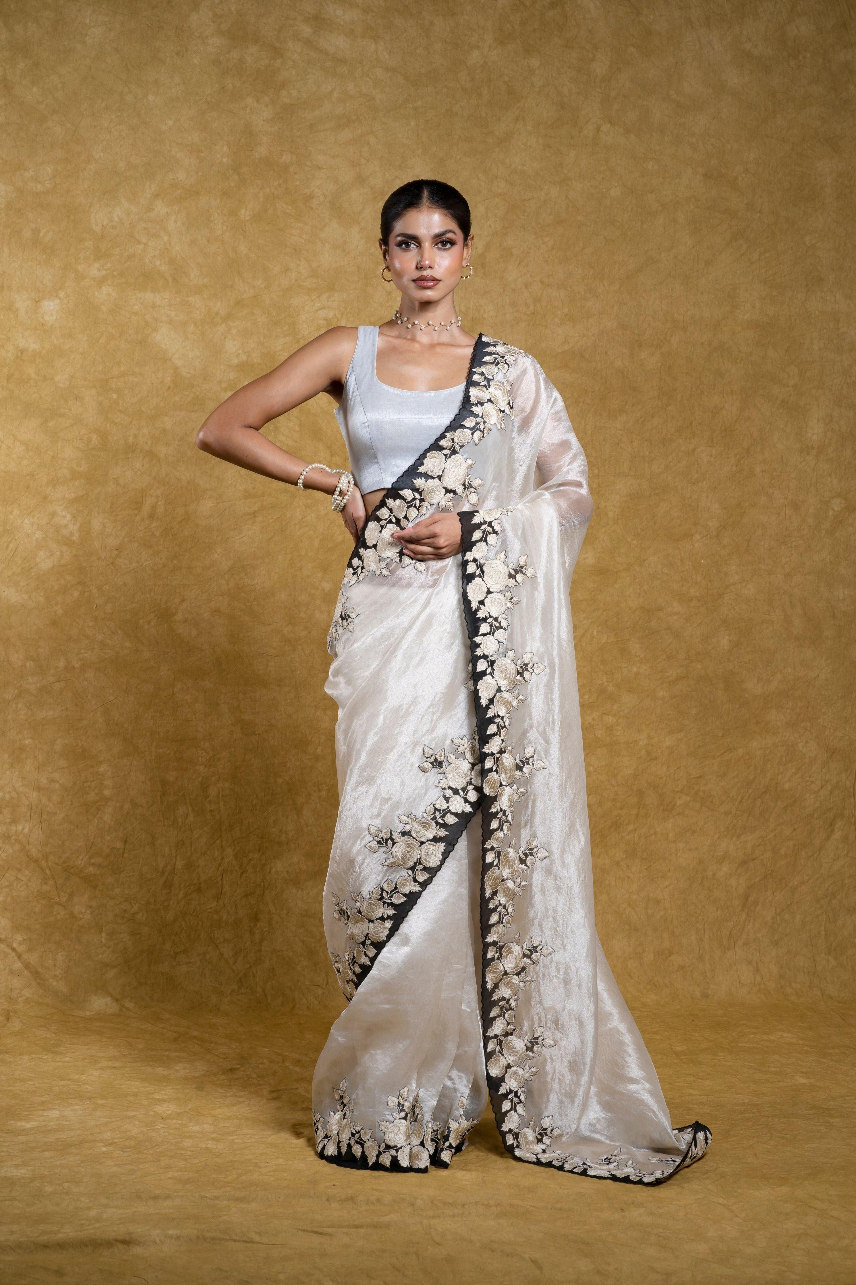 Silver Tissue Organza Saree with Black Floral Embroidery and Scallop Edge  Mokshaa