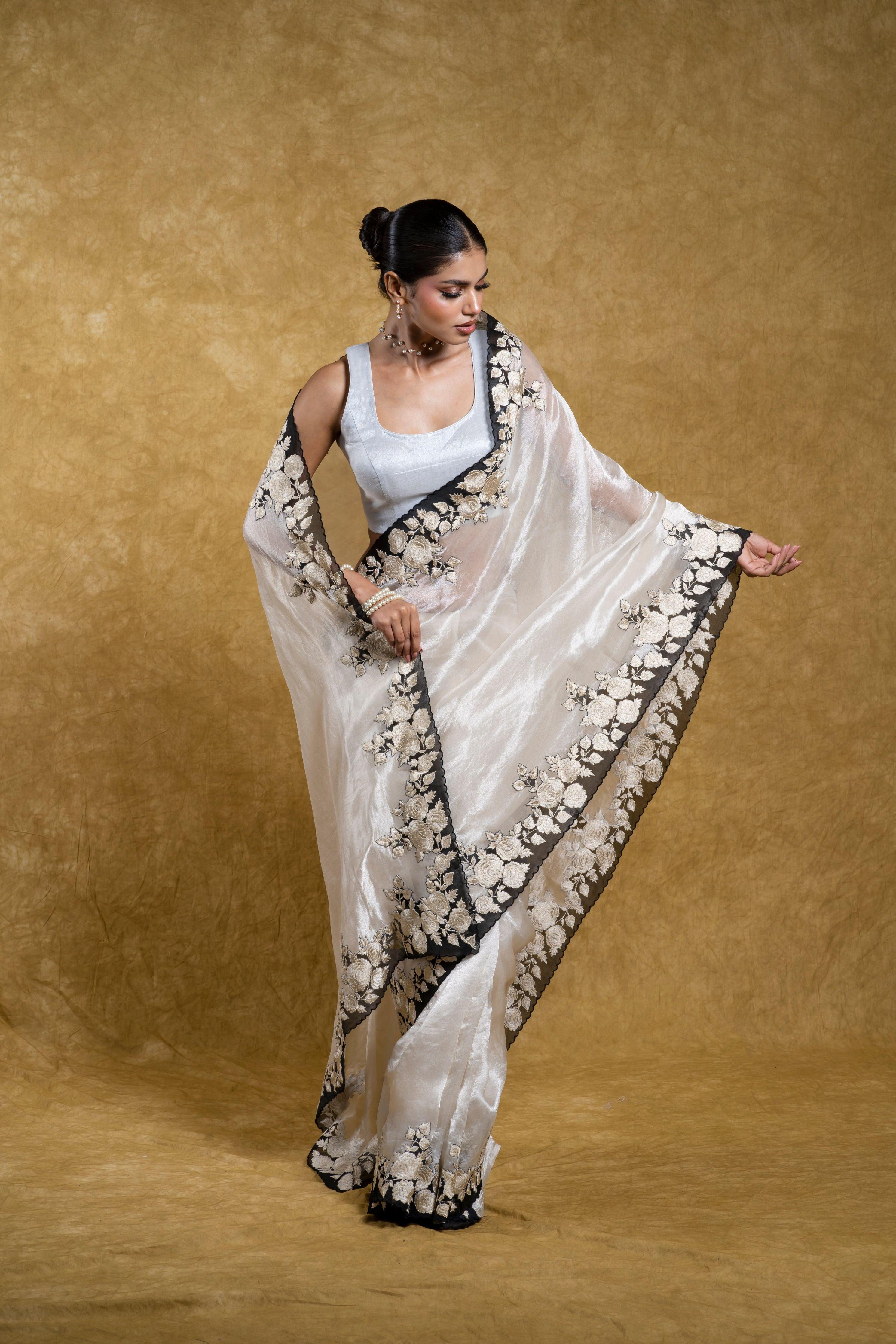 Silver Tissue Organza Saree with Black Floral Embroidery and Scallop Edge  Mokshaa