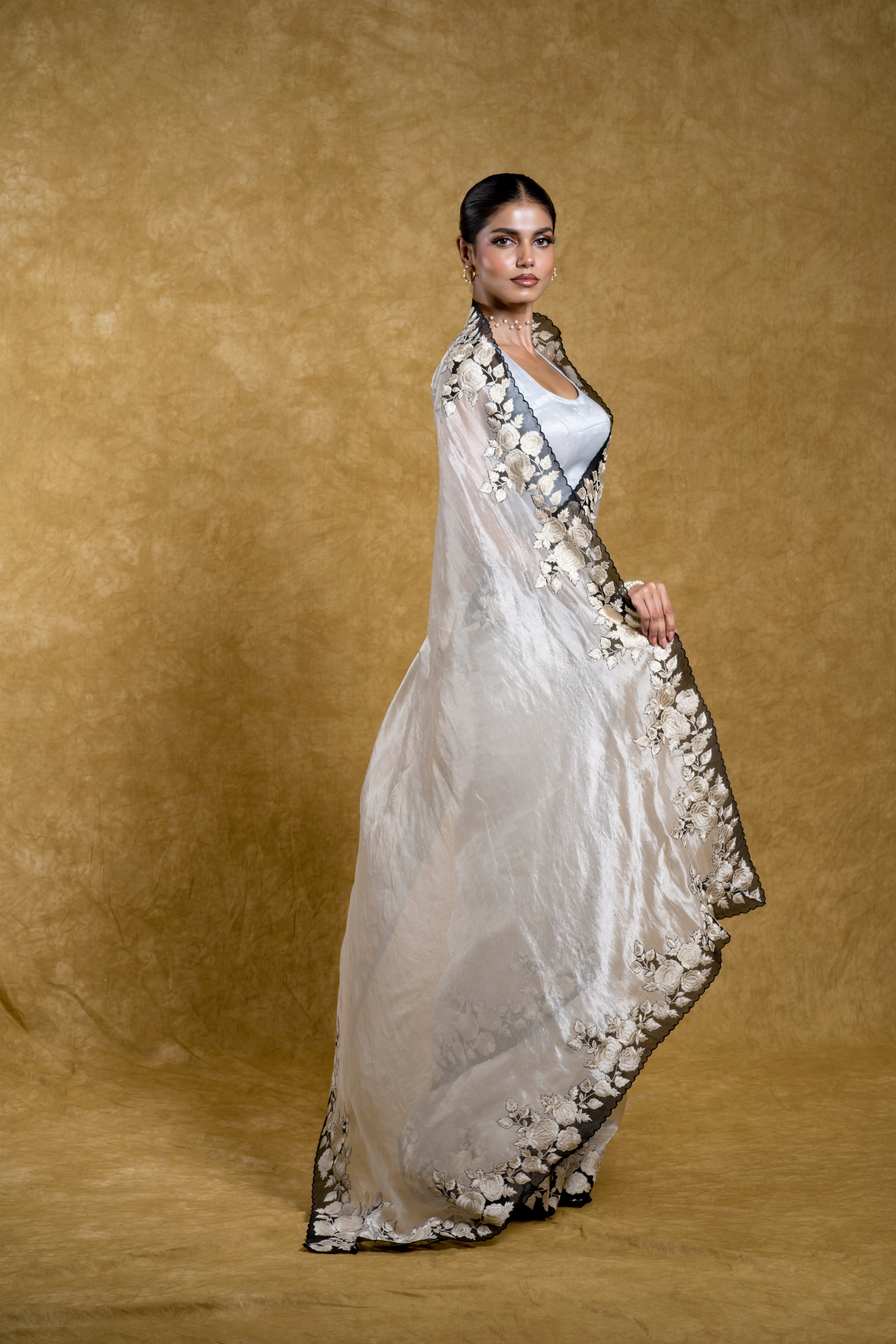 Silver Tissue Organza Saree with Black Floral Embroidery and Scallop Edge Mokshaa