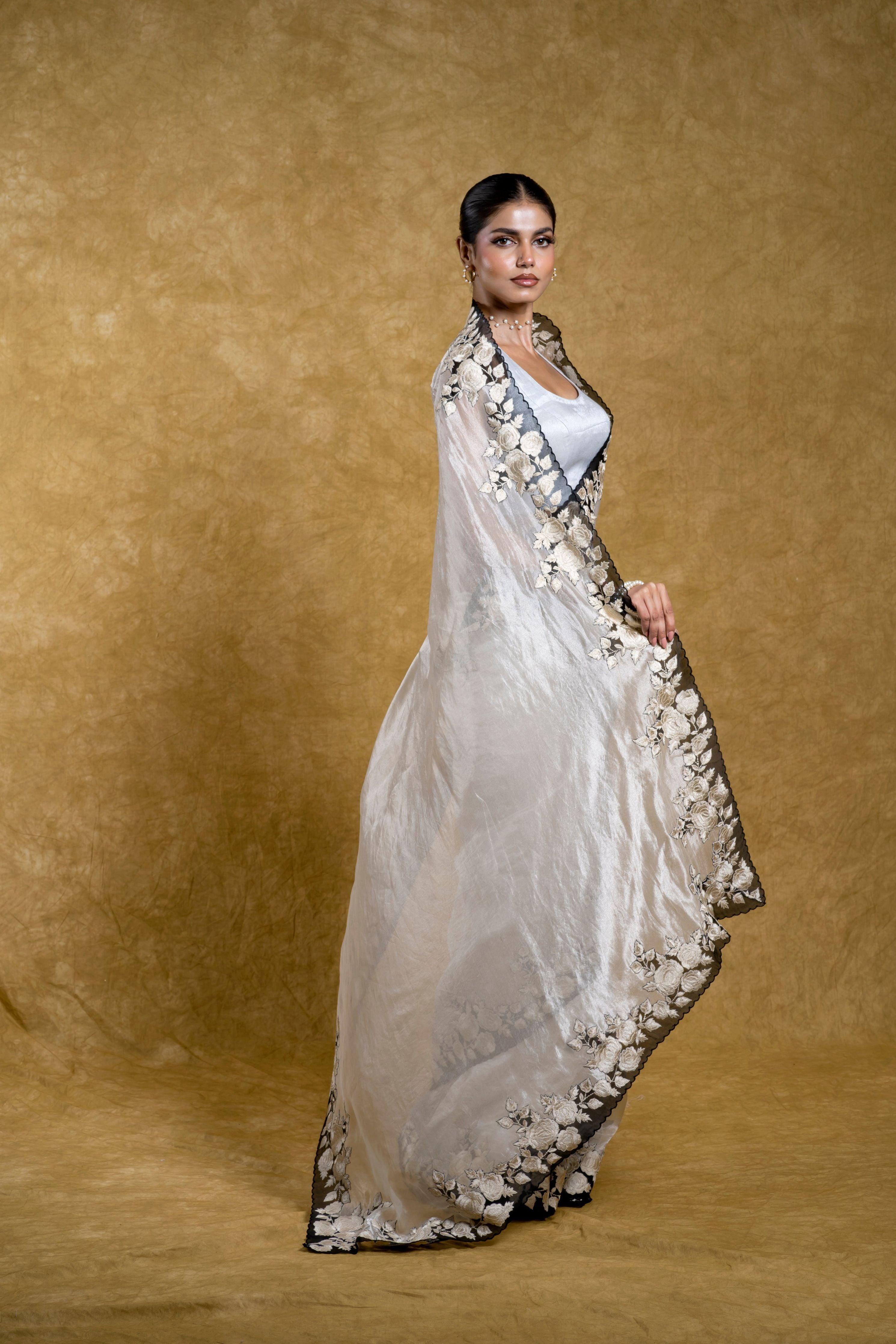 Silver Tissue Organza Saree with Black Floral Embroidery and Scallop Edge  Mokshaa