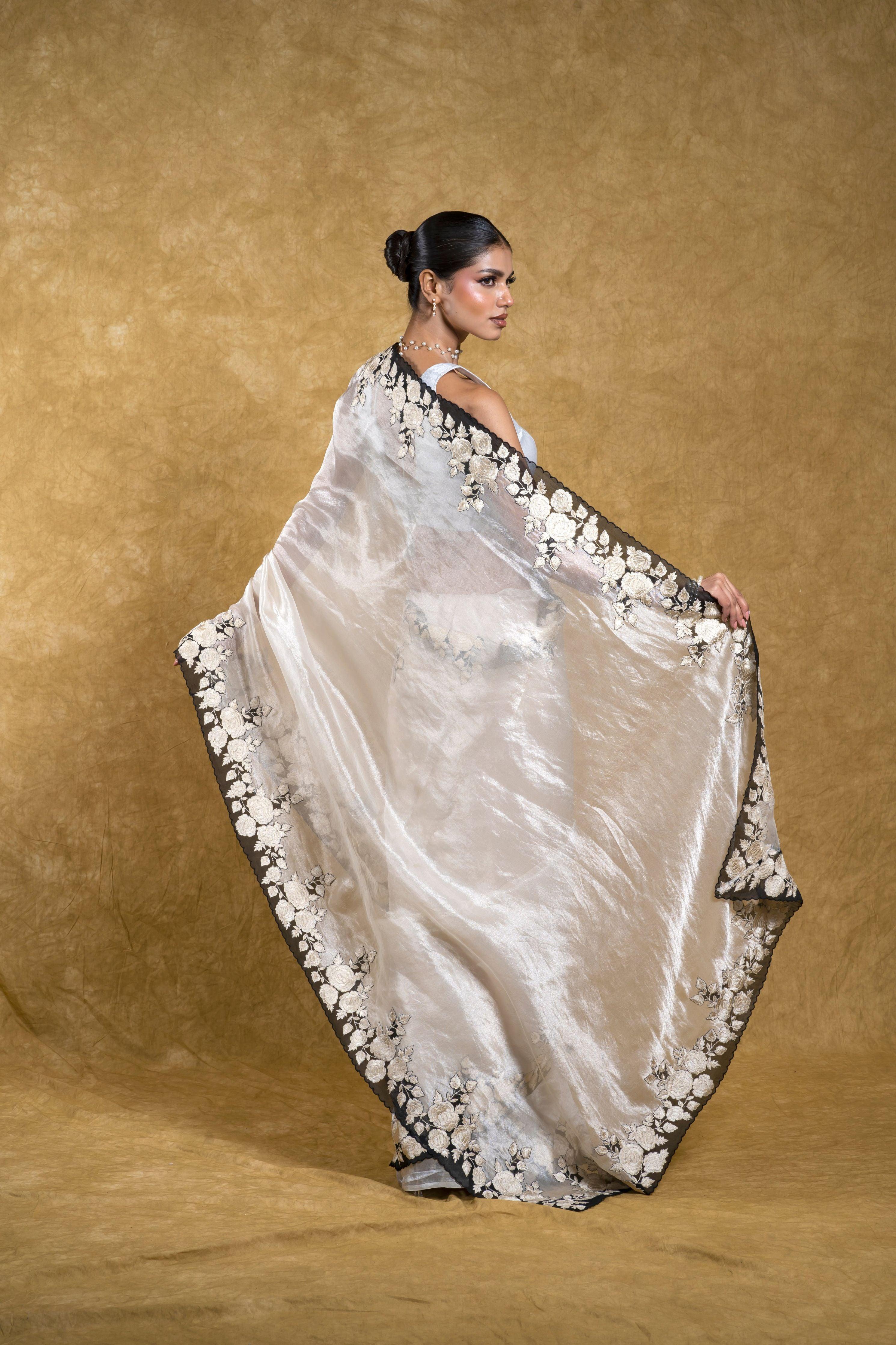 Silver Tissue Organza Saree with Black Floral Embroidery and Scallop Edge  Mokshaa