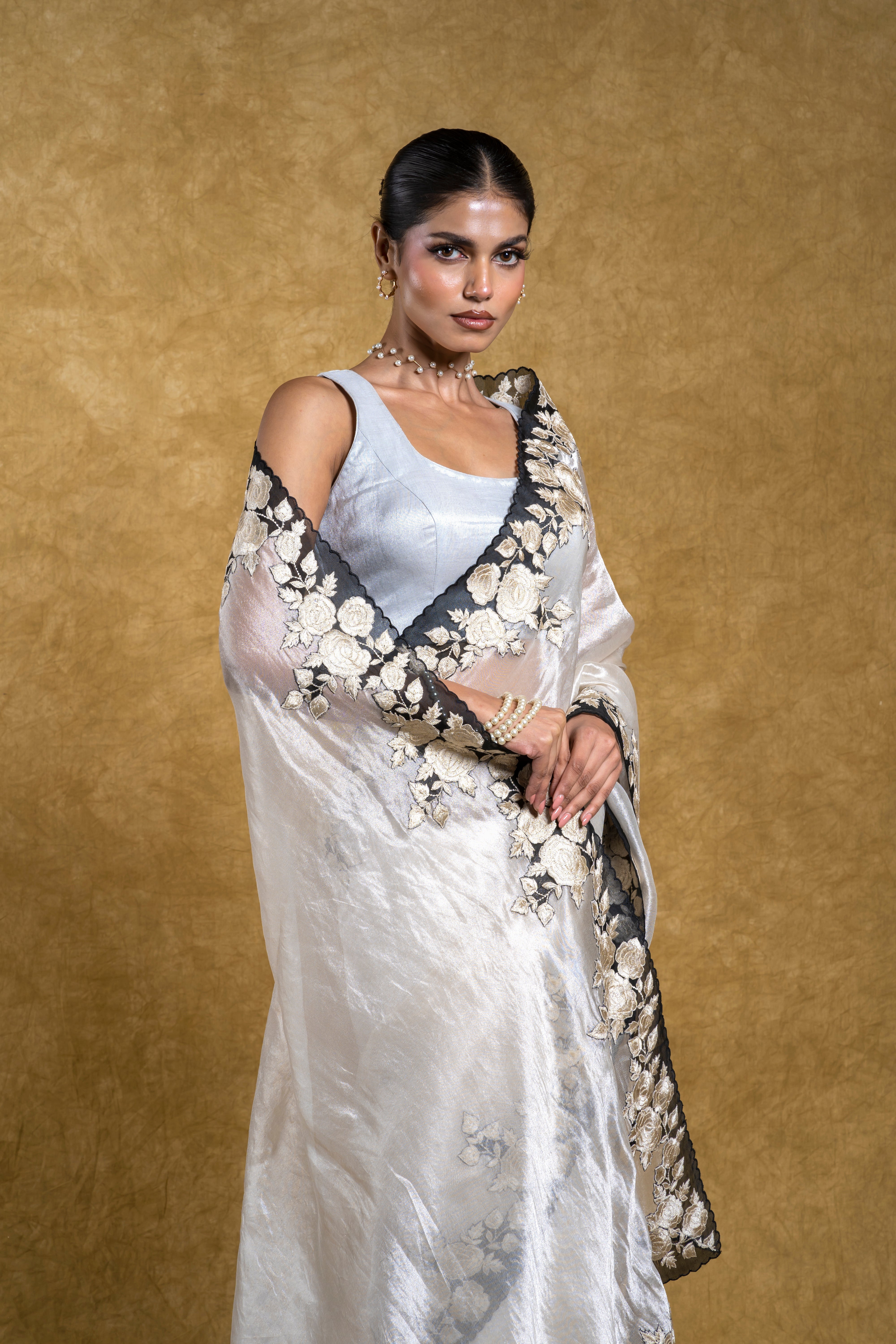 Silver Tissue Organza Saree with Black Floral Embroidery and Scallop Edge Mokshaa