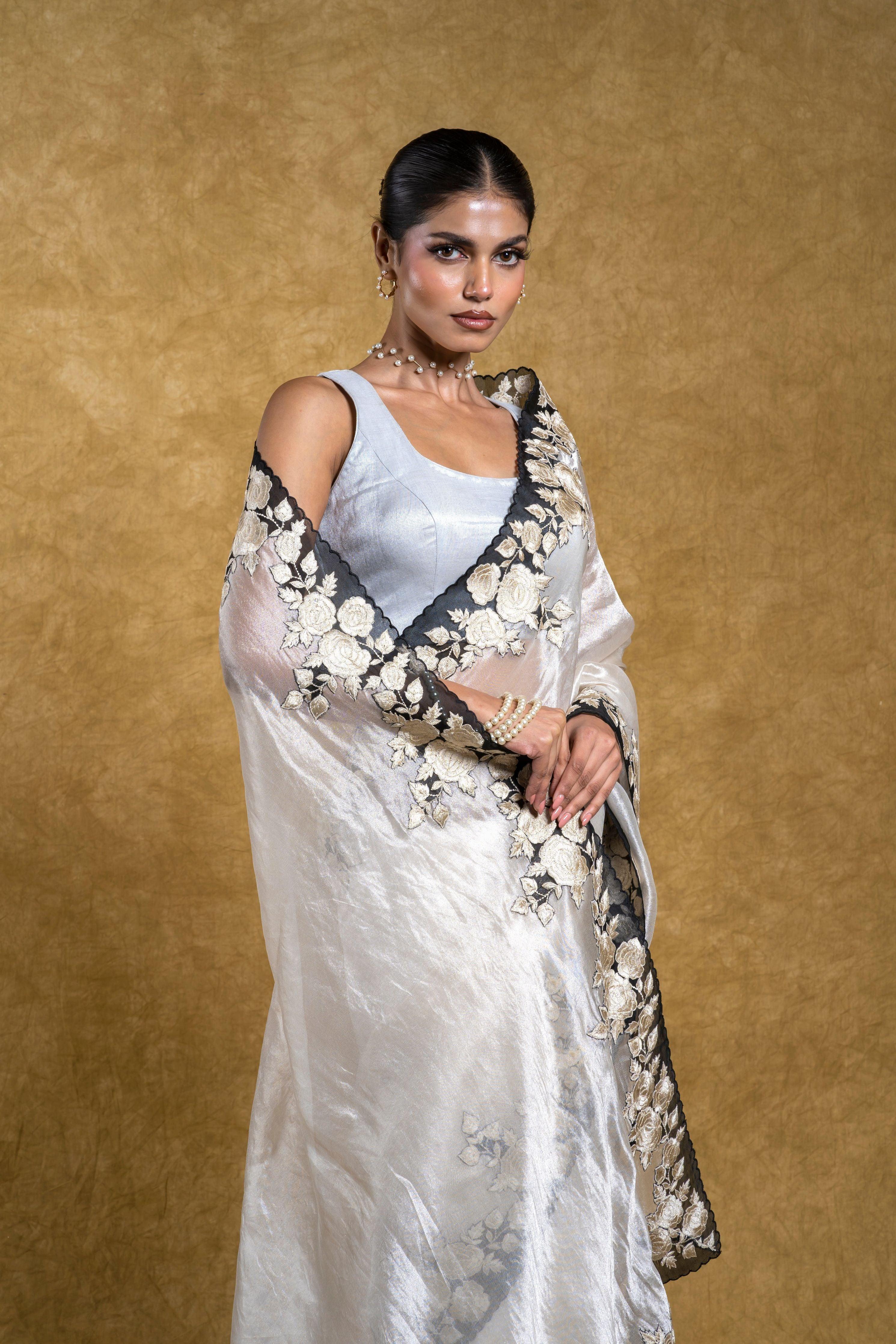 Silver Tissue Organza Saree with Black Floral Embroidery and Scallop Edge  Mokshaa