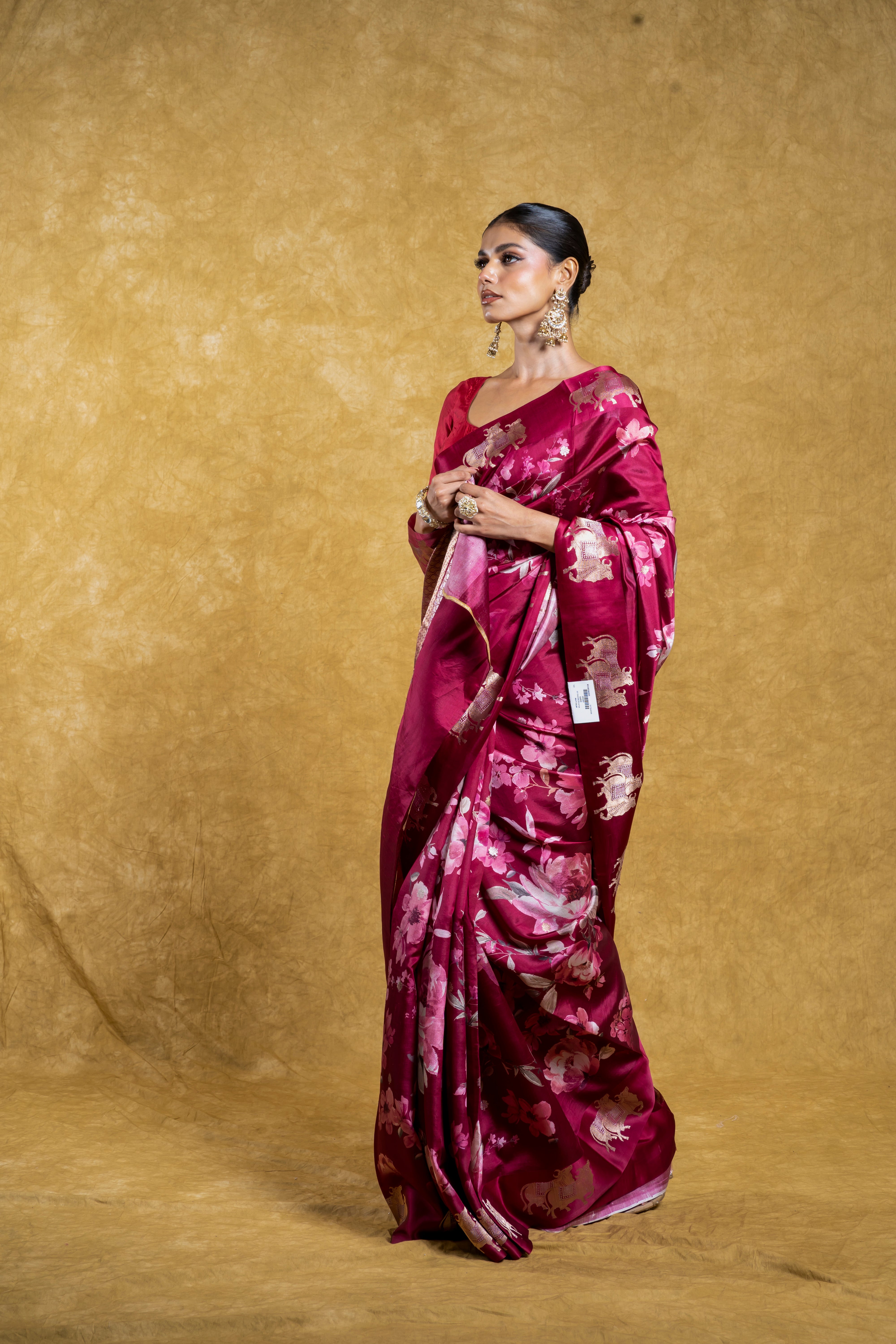 Maroon Soft Banaras Silk Saree with Floral Print and Zari Border Mokshaa