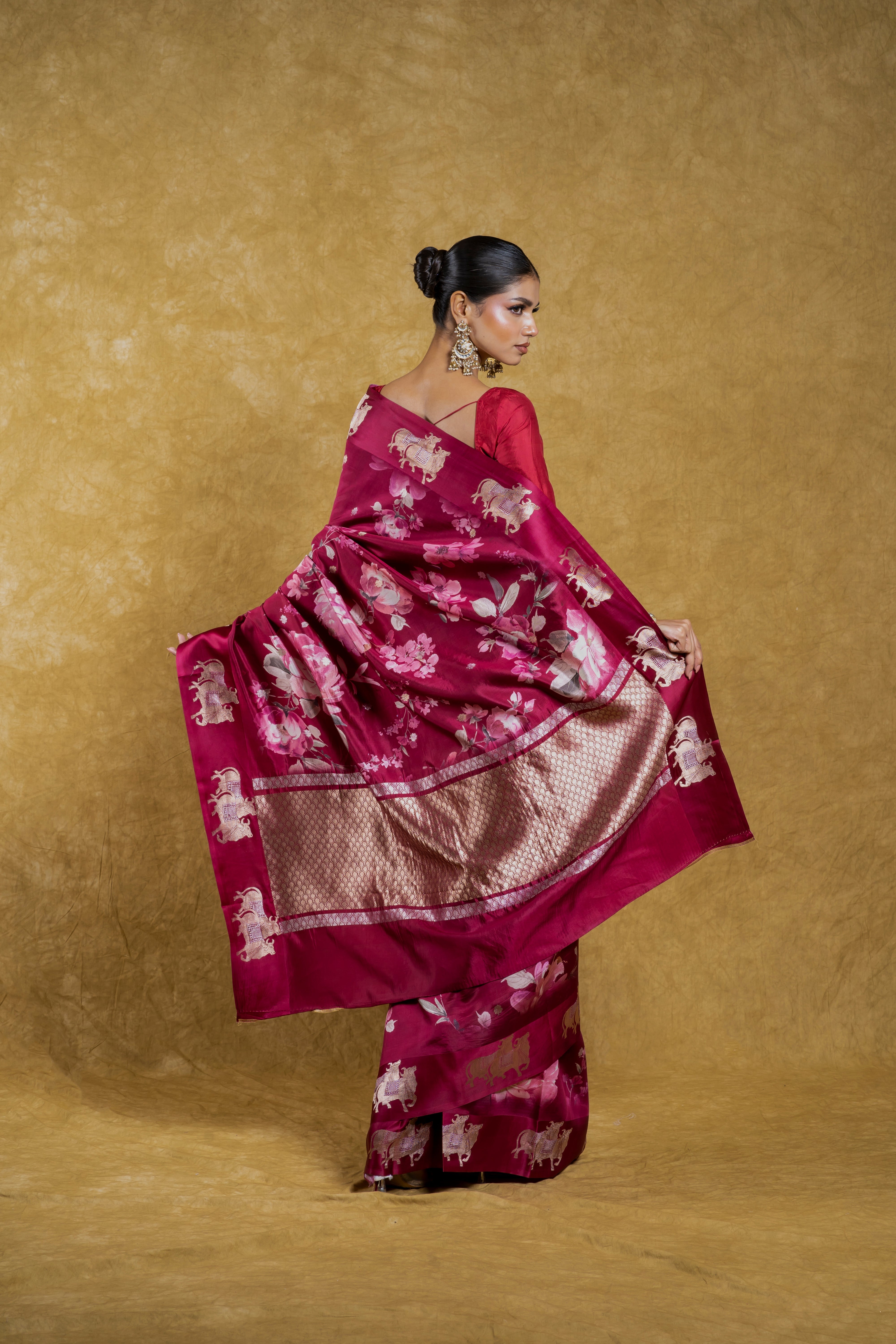 Maroon Soft Banaras Silk Saree with Floral Print and Zari Border Mokshaa