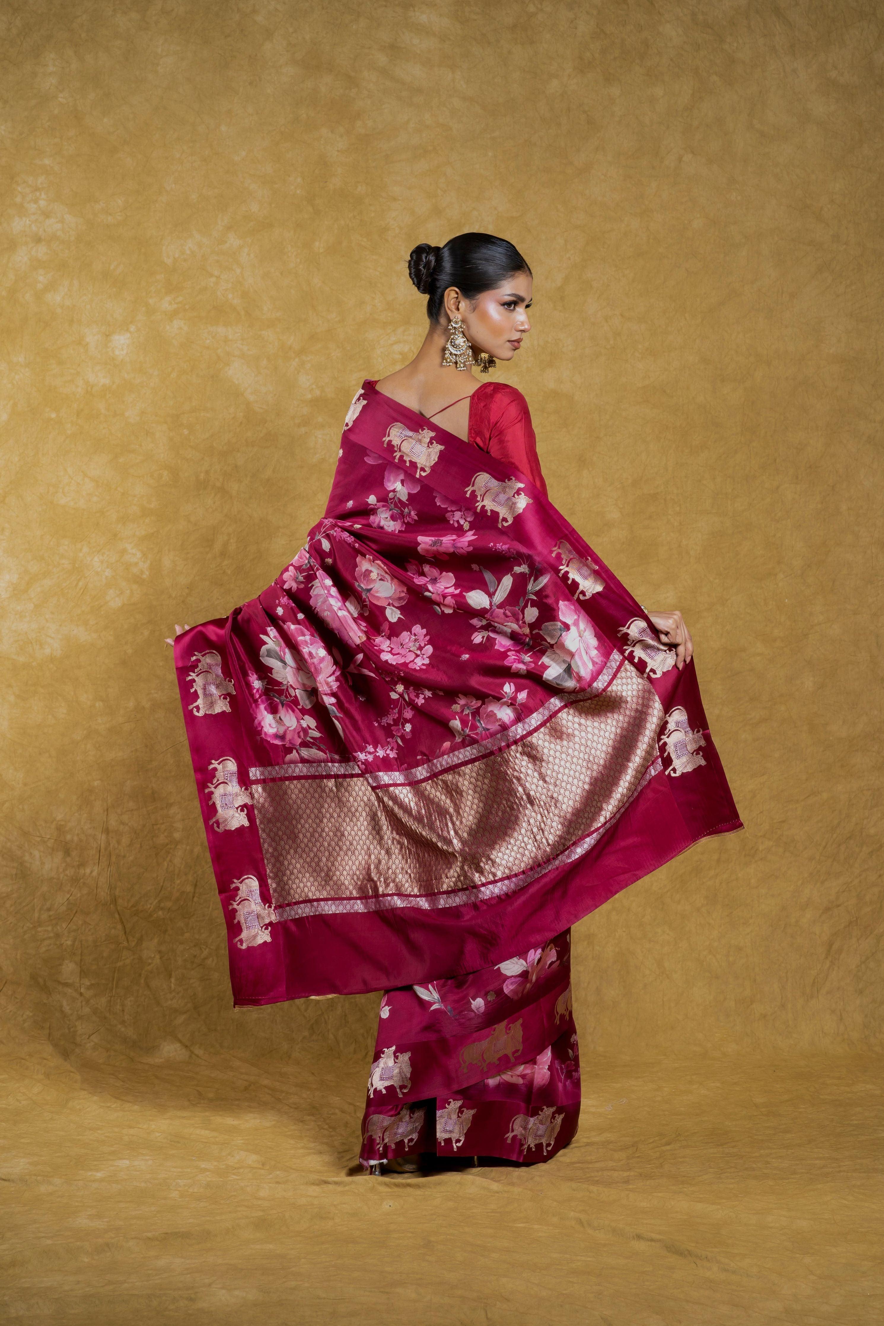 Maroon Soft Banaras Silk Saree with Floral Print and Zari Border  Mokshaa